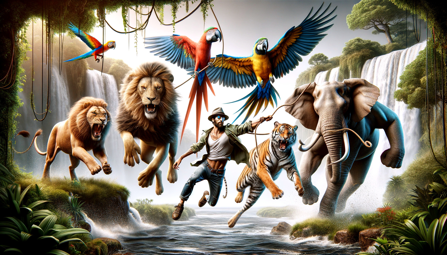 Man swinging on vine with lion, tiger, elephant, parrots in jungle setting