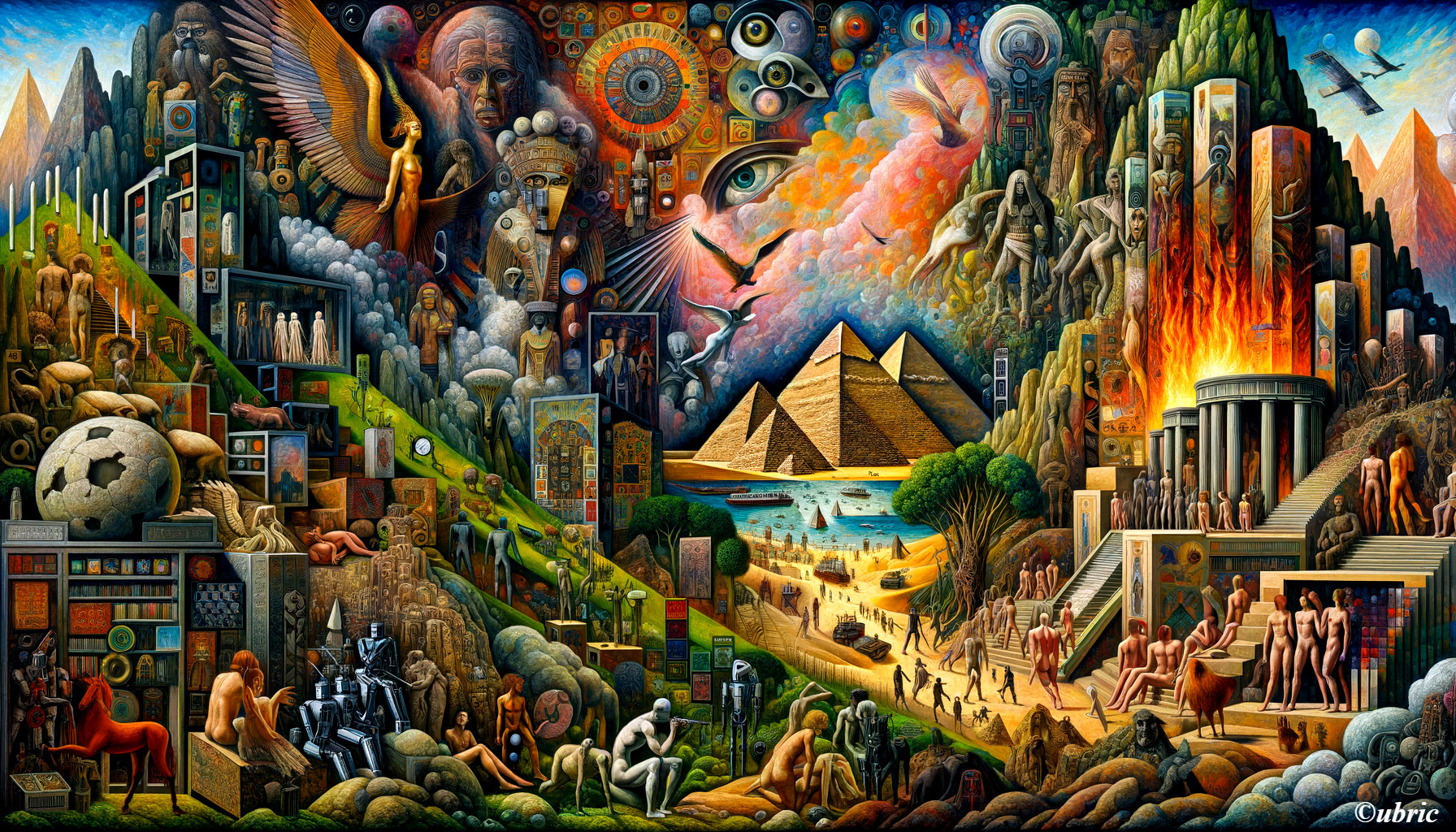 Vibrant Artwork Blending Historical and Mythical Themes