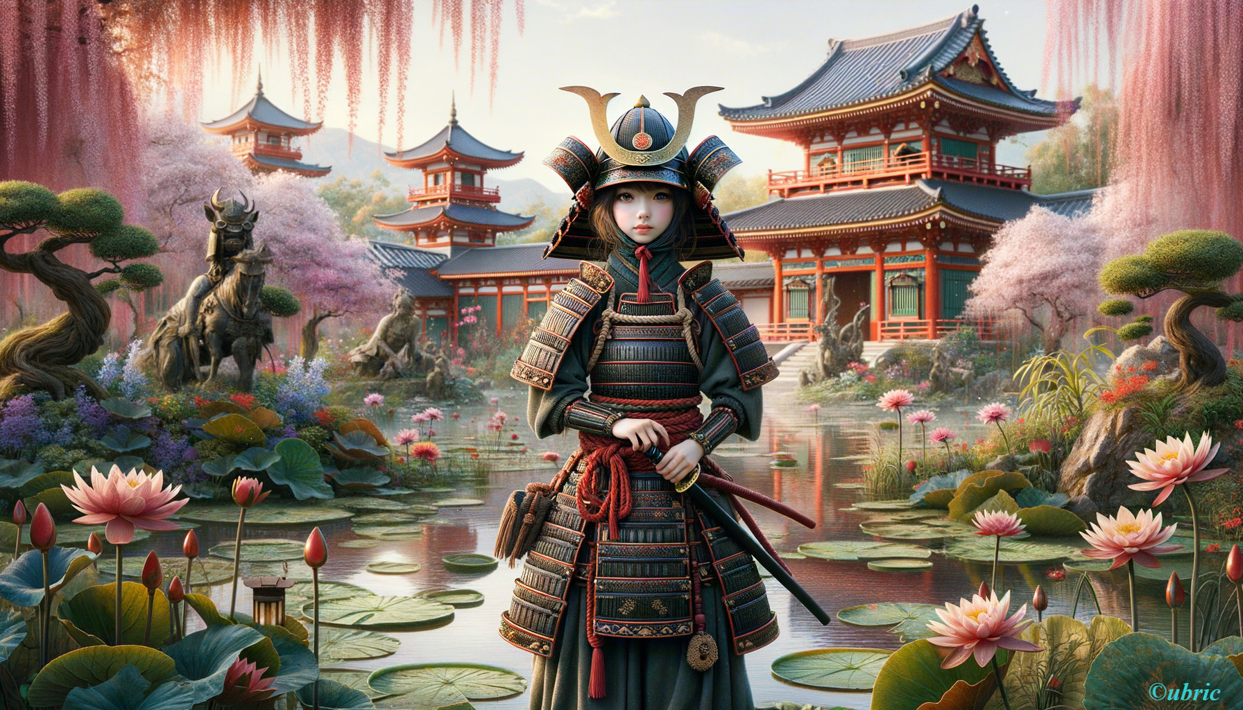 Young Woman in Samurai Armor by Lotus Pond