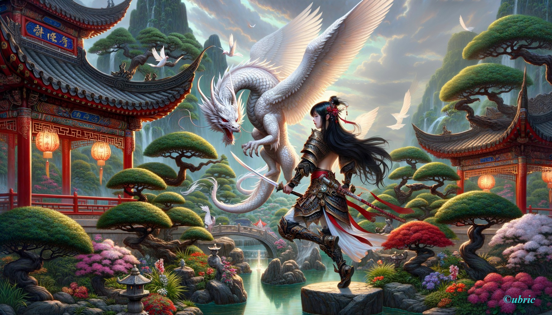 Warrior with Dragon in Lush Asian Fantasy Landscape