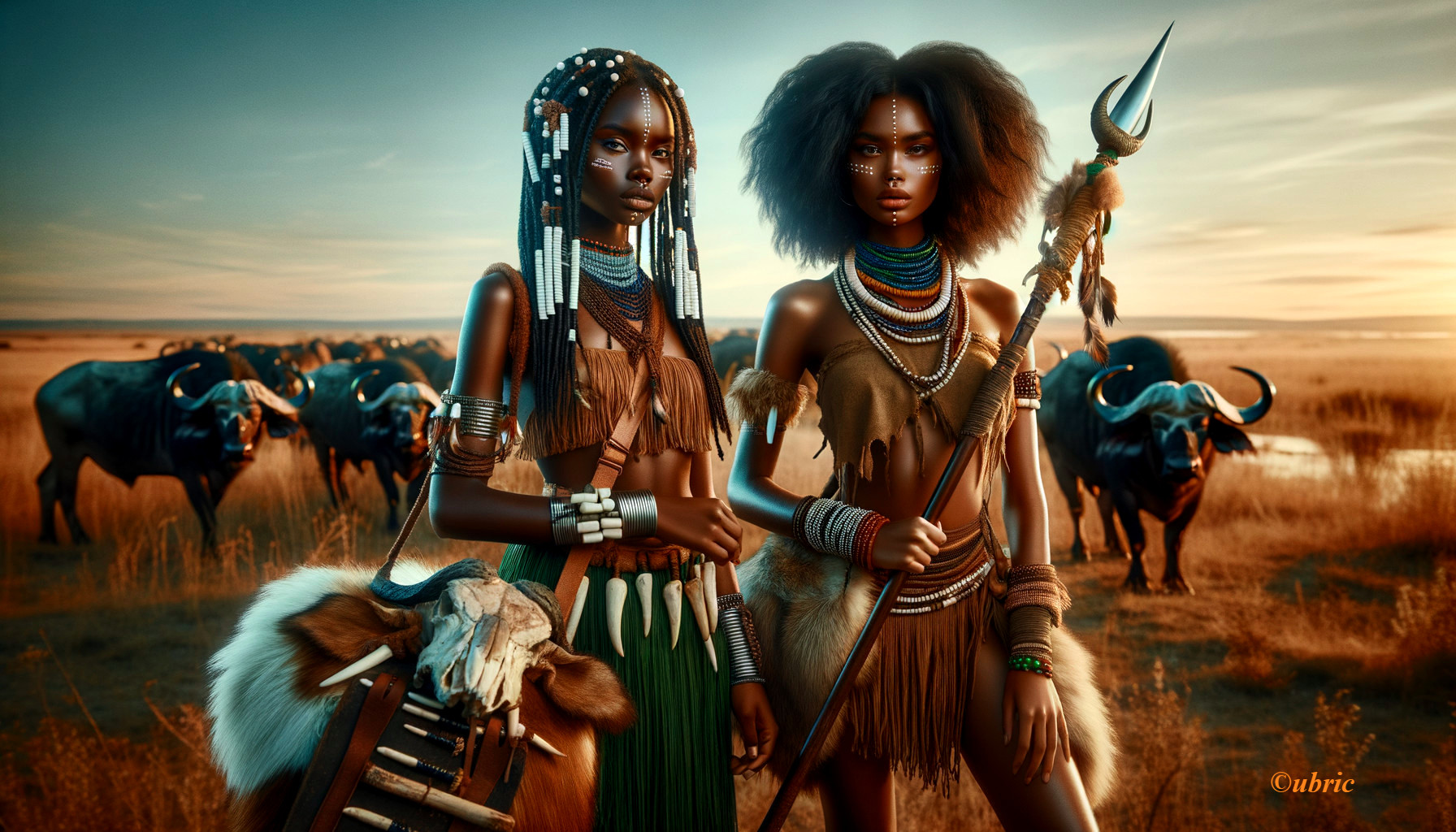 Women in Traditional Attire on Savanna with Buffalo Herd