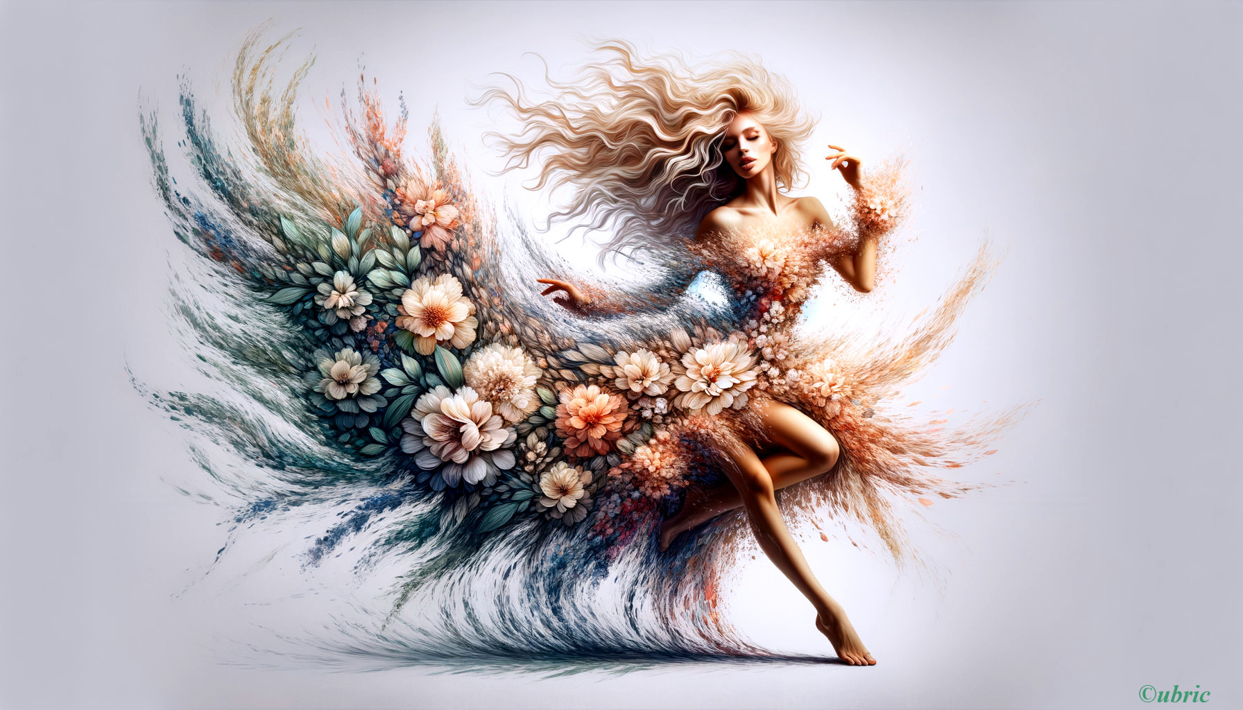 Whimsical Dress of Blossoms and Flowing Colors