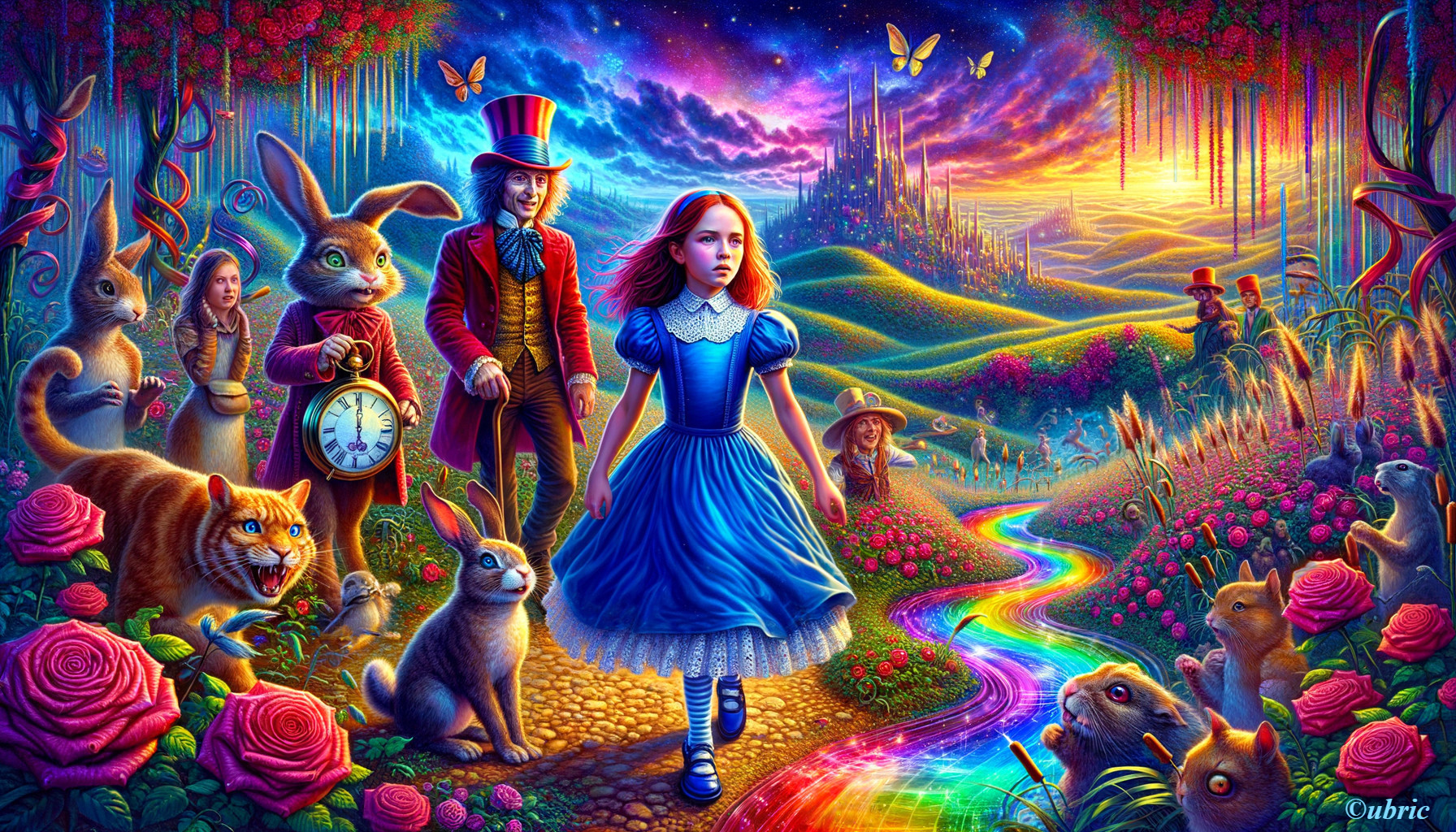 Whimsical Landscape with Girl and Fantastical Rabbit