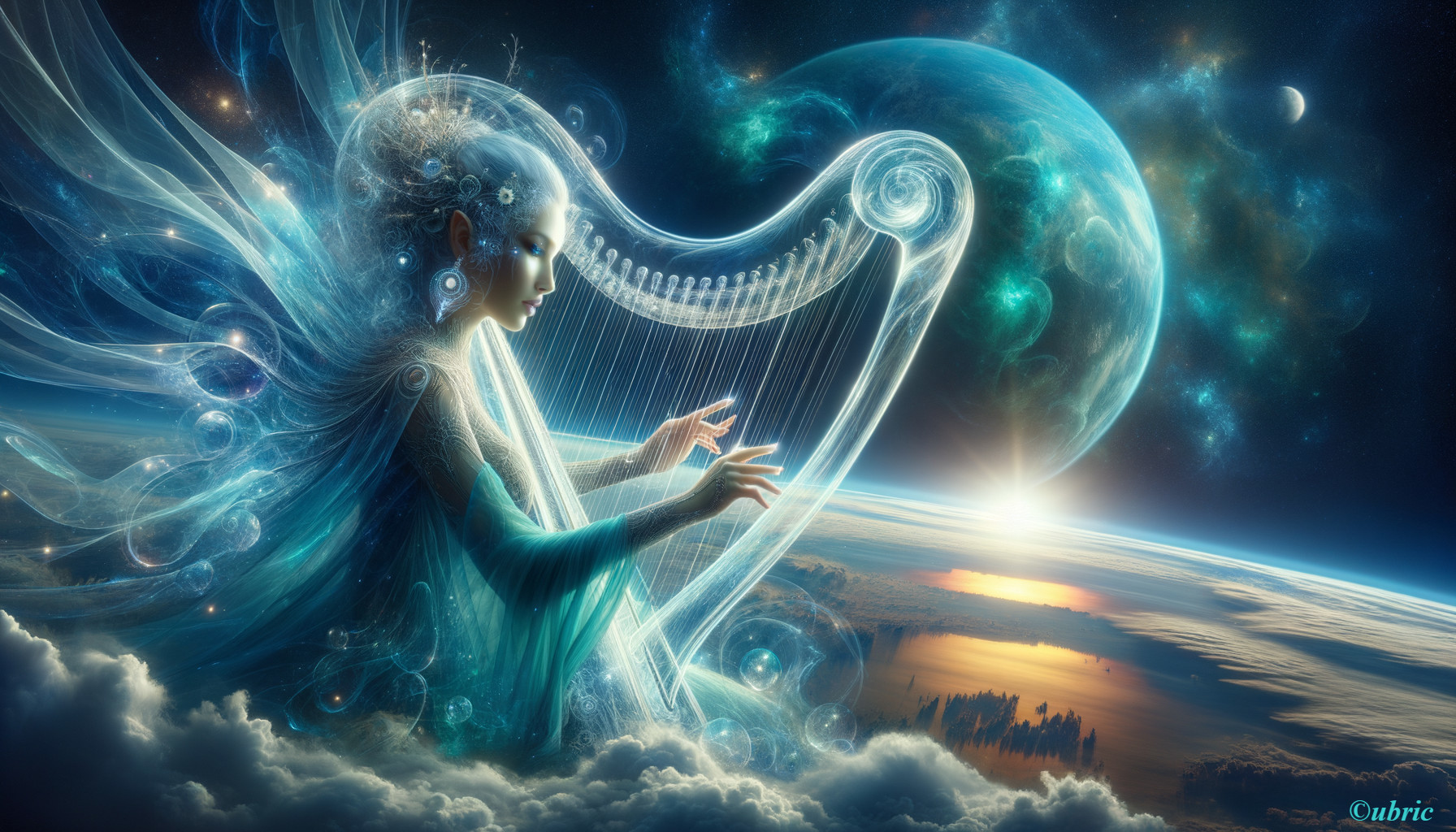 Celestial Figure Playing Harp Among Stars and Planets