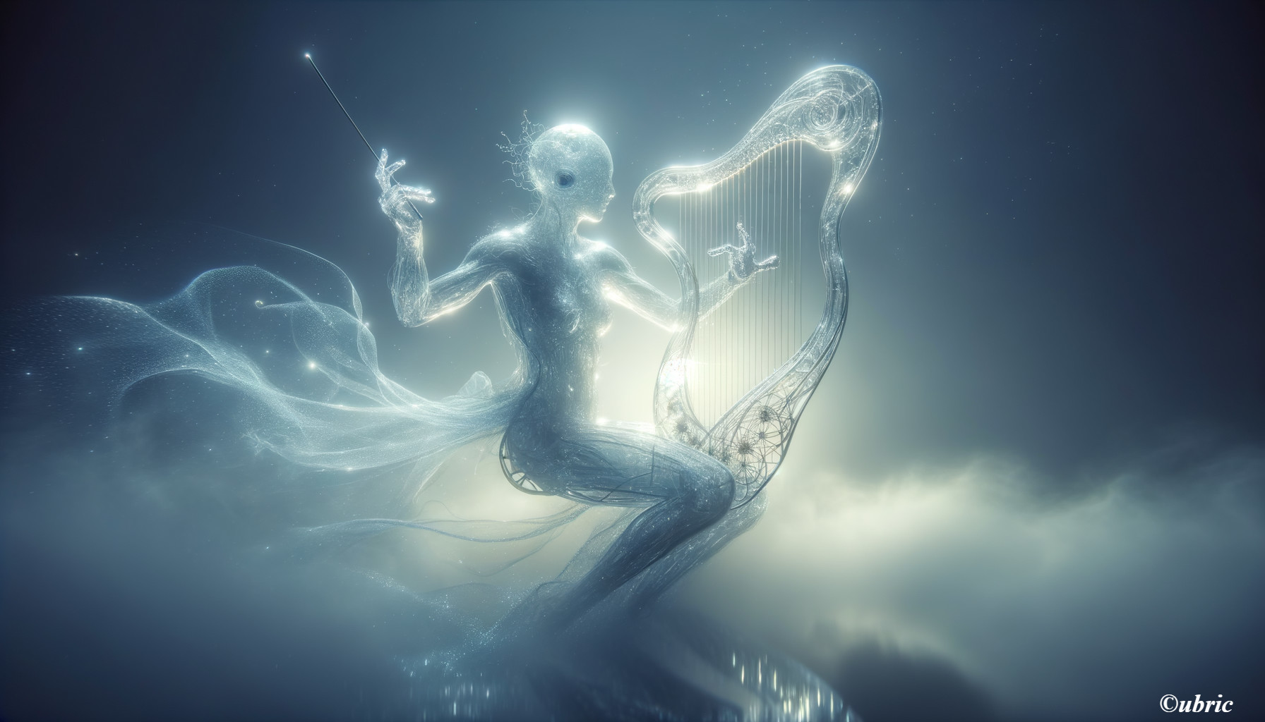 Ethereal Figure Playing Harp in Misty Atmosphere