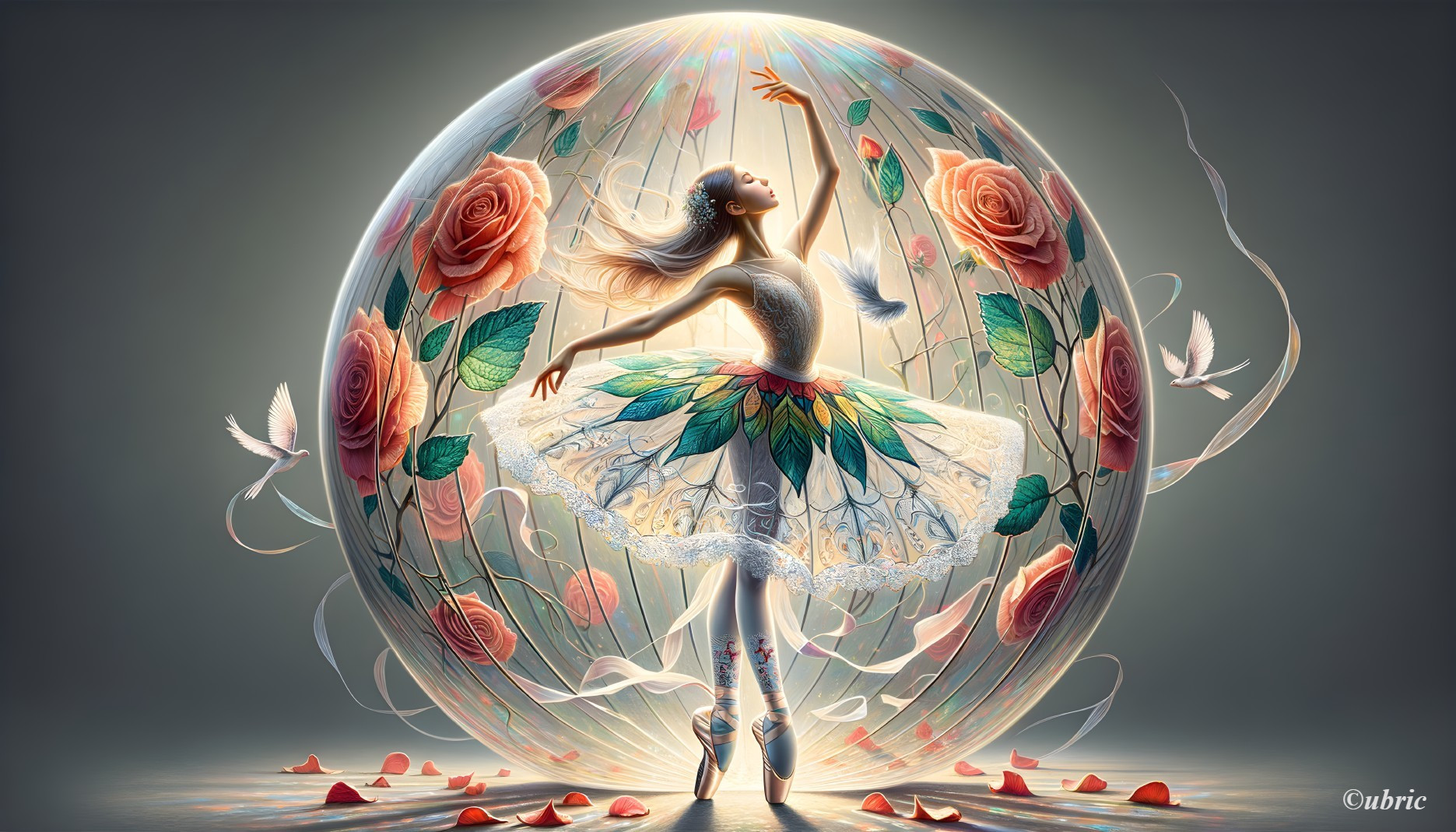 Ballerina in Translucent Orb Surrounded by Roses