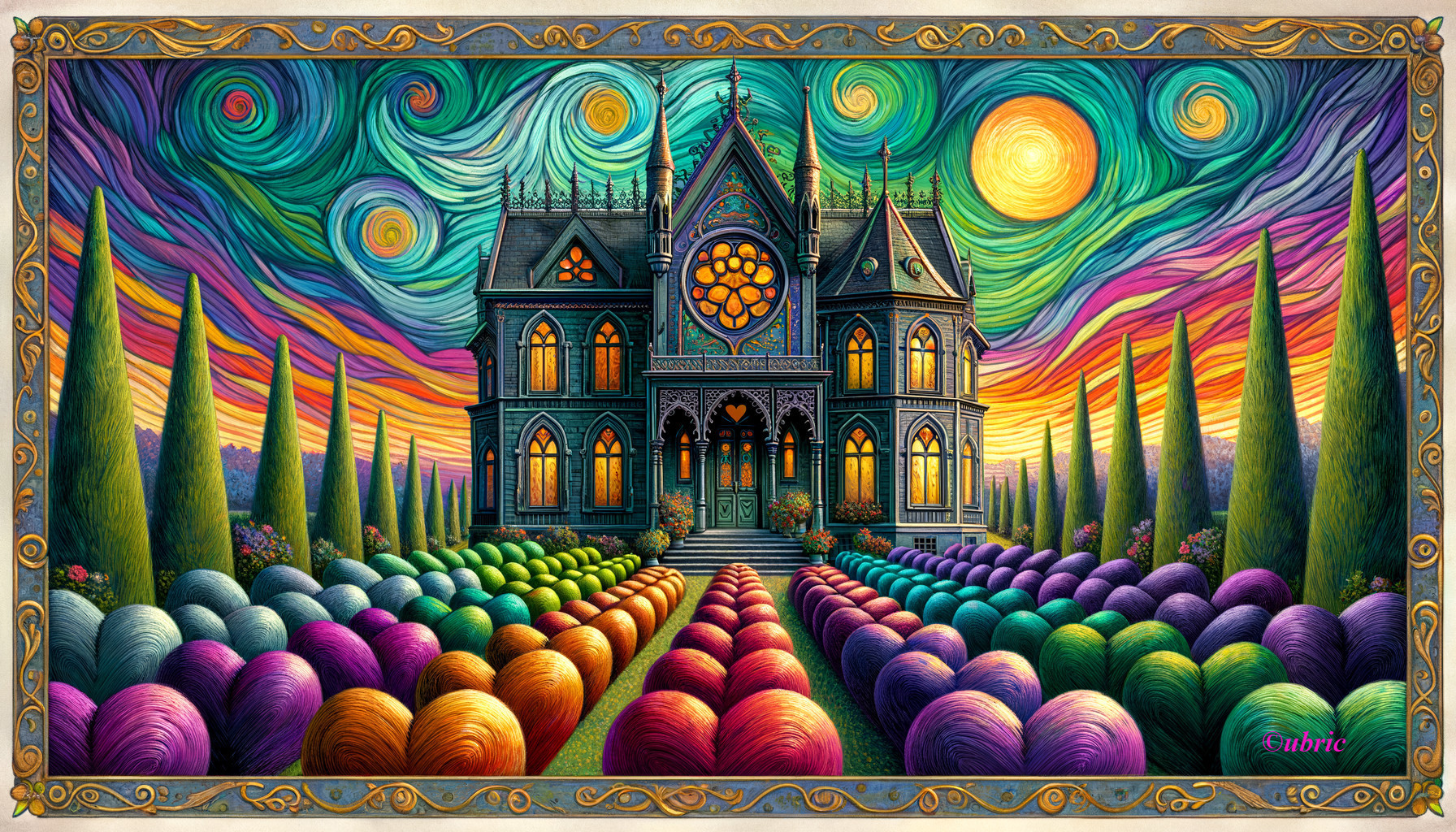 Whimsical mansion under colorful swirling sky