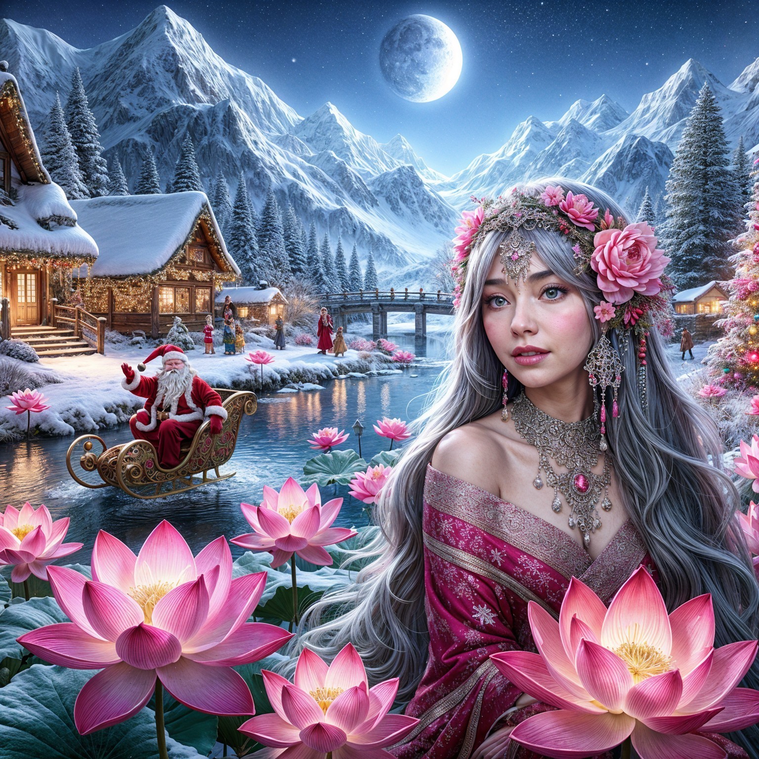 Winter Wonderland with Silver-Haired Figure and Santa