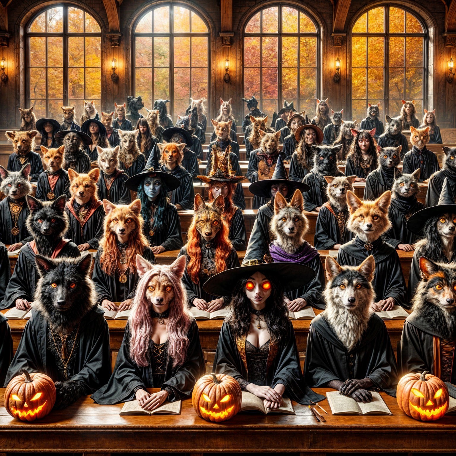 Magical Classroom with Wizard Animals in Autumn Setting