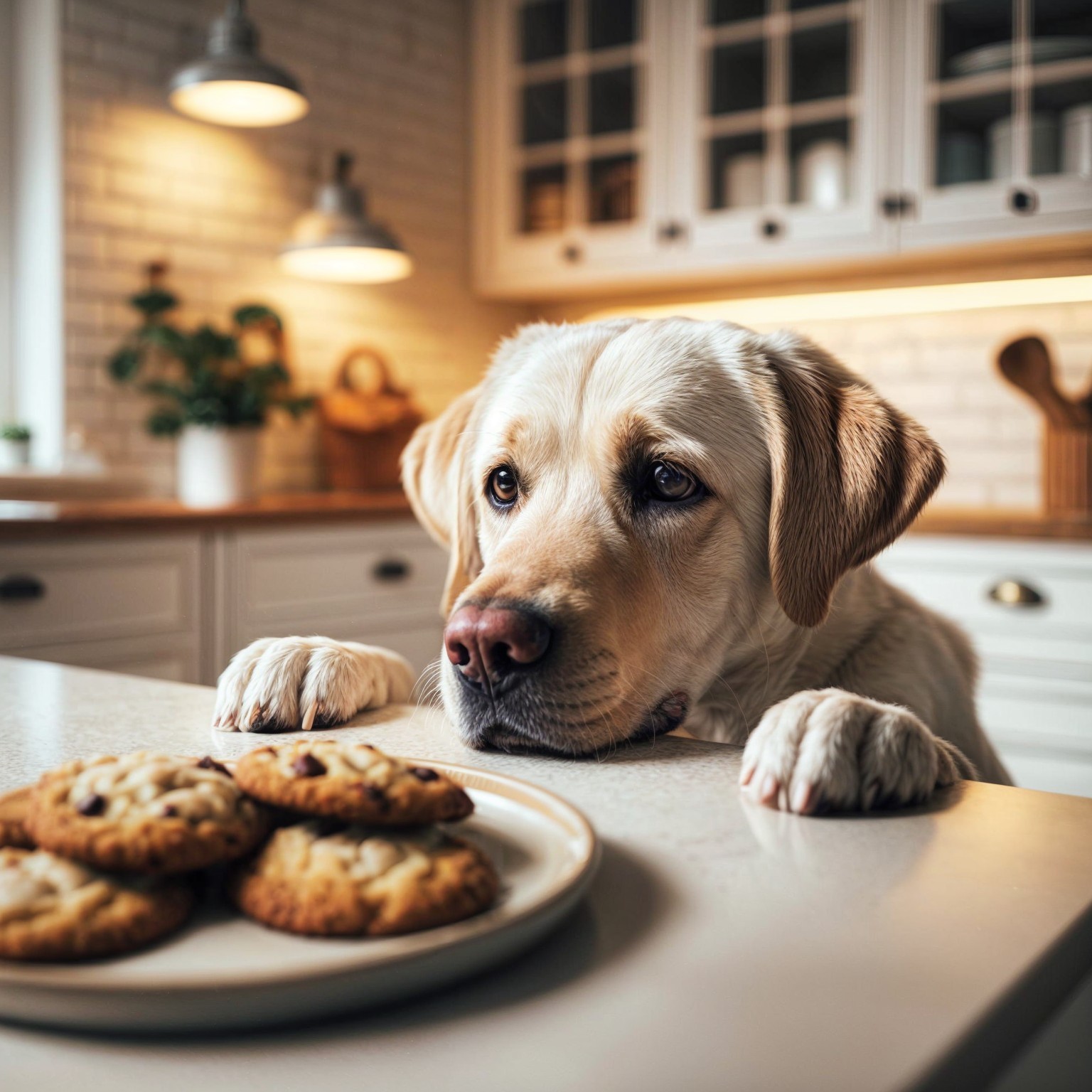 Golden Labrador Gazes at Cookies on Kitchen Counter