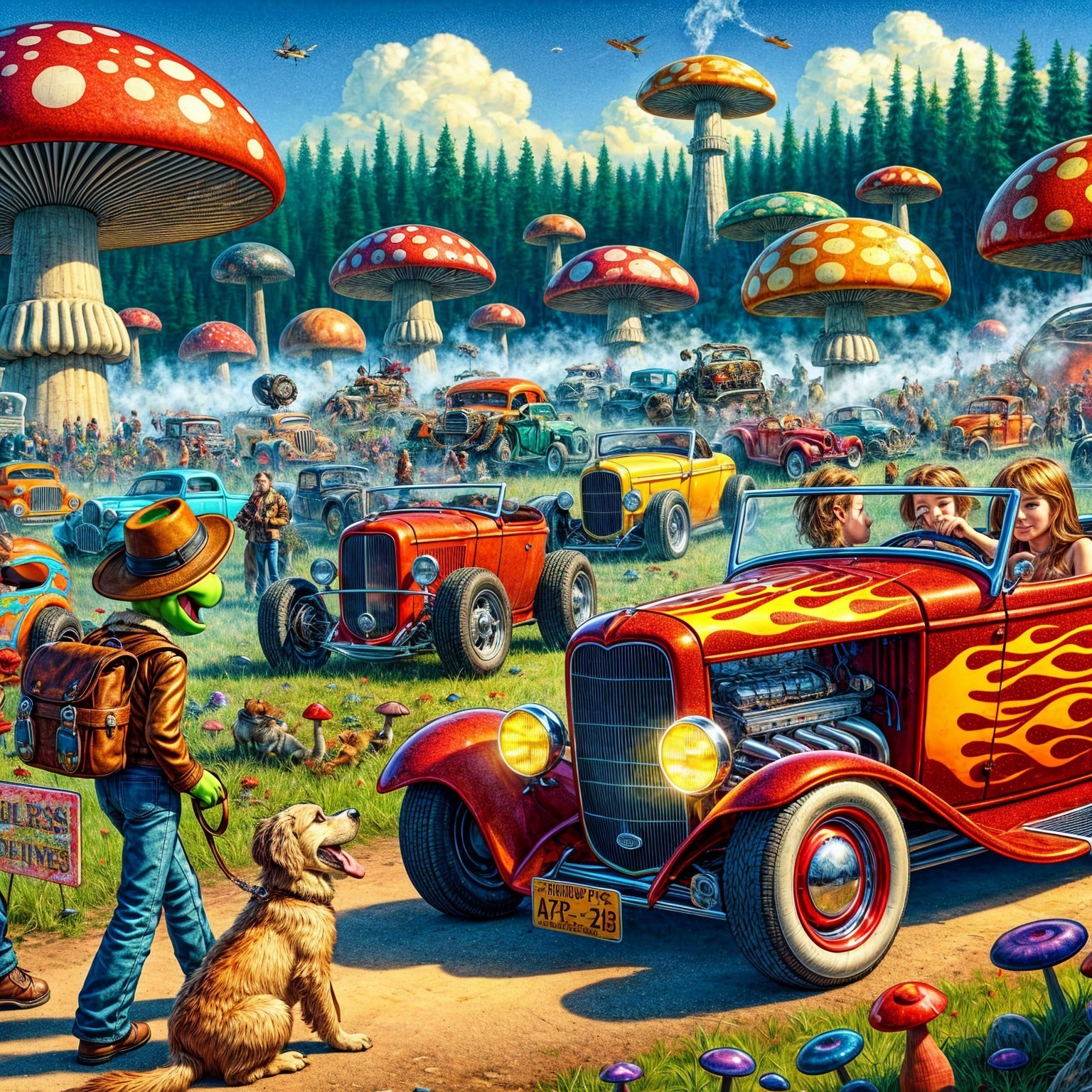 Colorful Mushrooms and 1930s Cars in Whimsical Scene