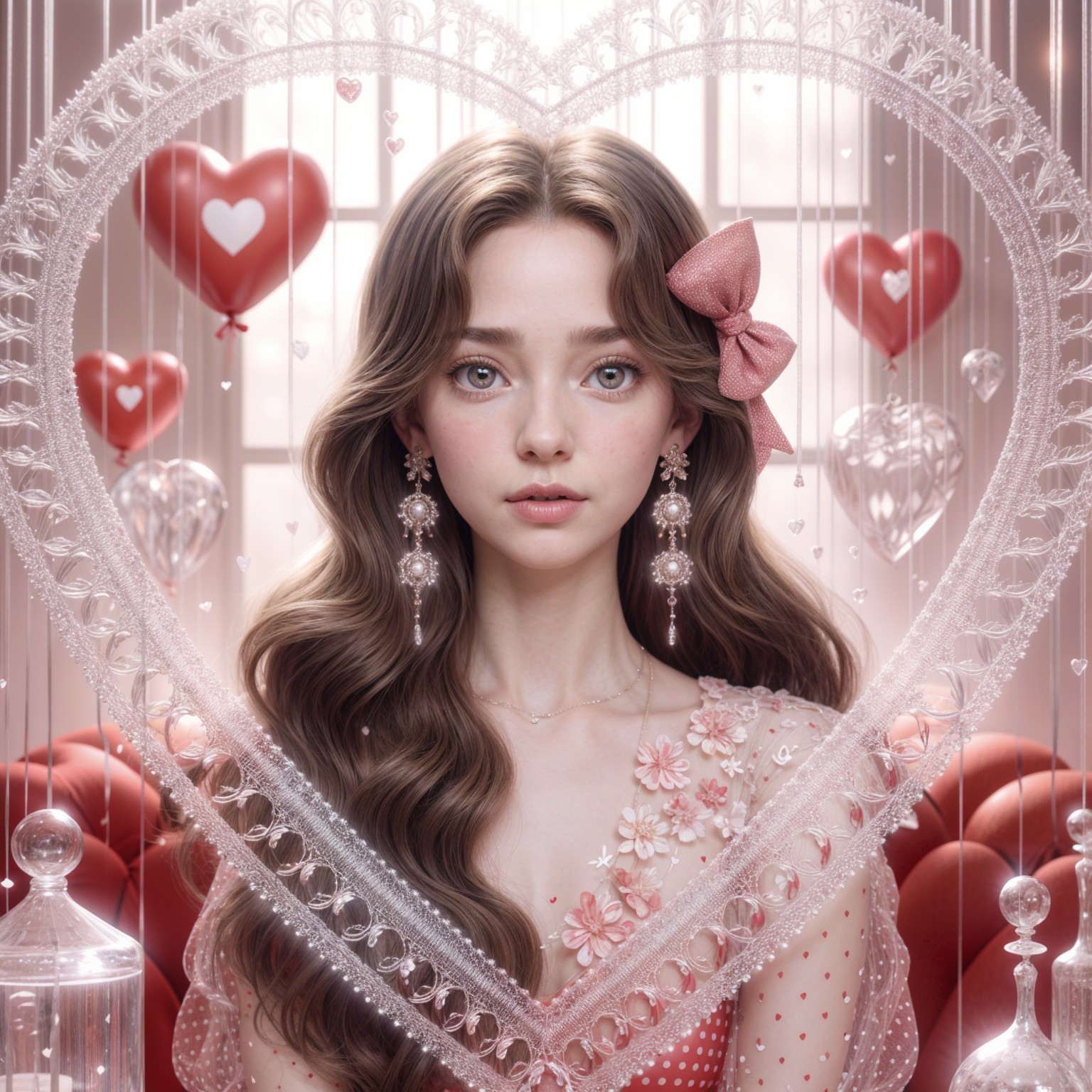 Young woman in floral dress with heart-themed backdrop