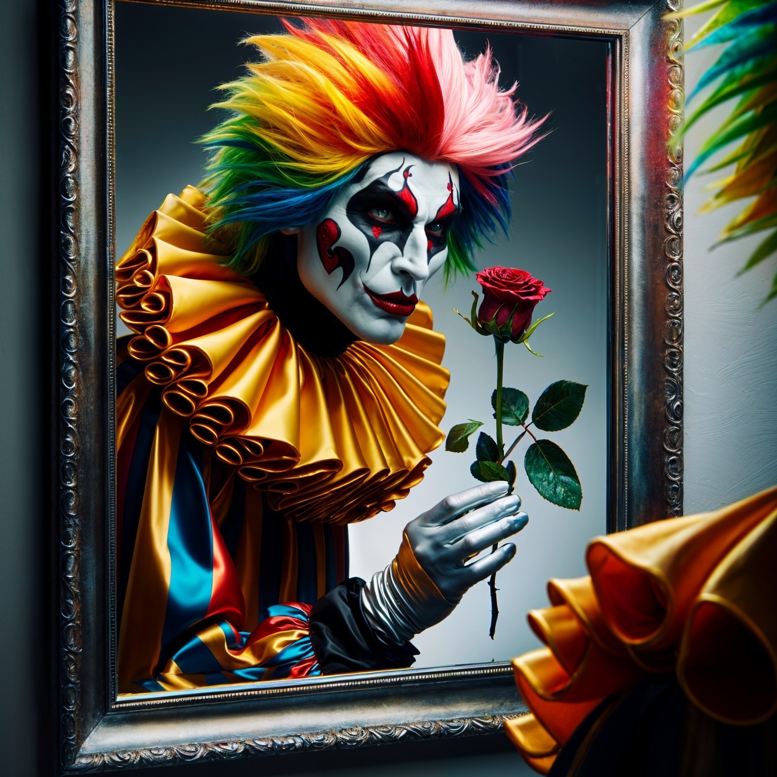 Vibrant Clown with Rainbow Wig and Decorative Mirror