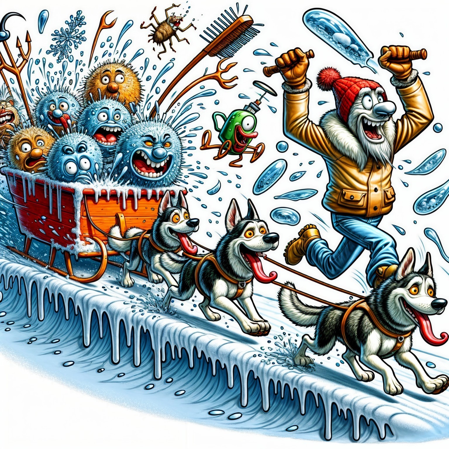 Cheerful Character with Huskies in Snowy Landscape