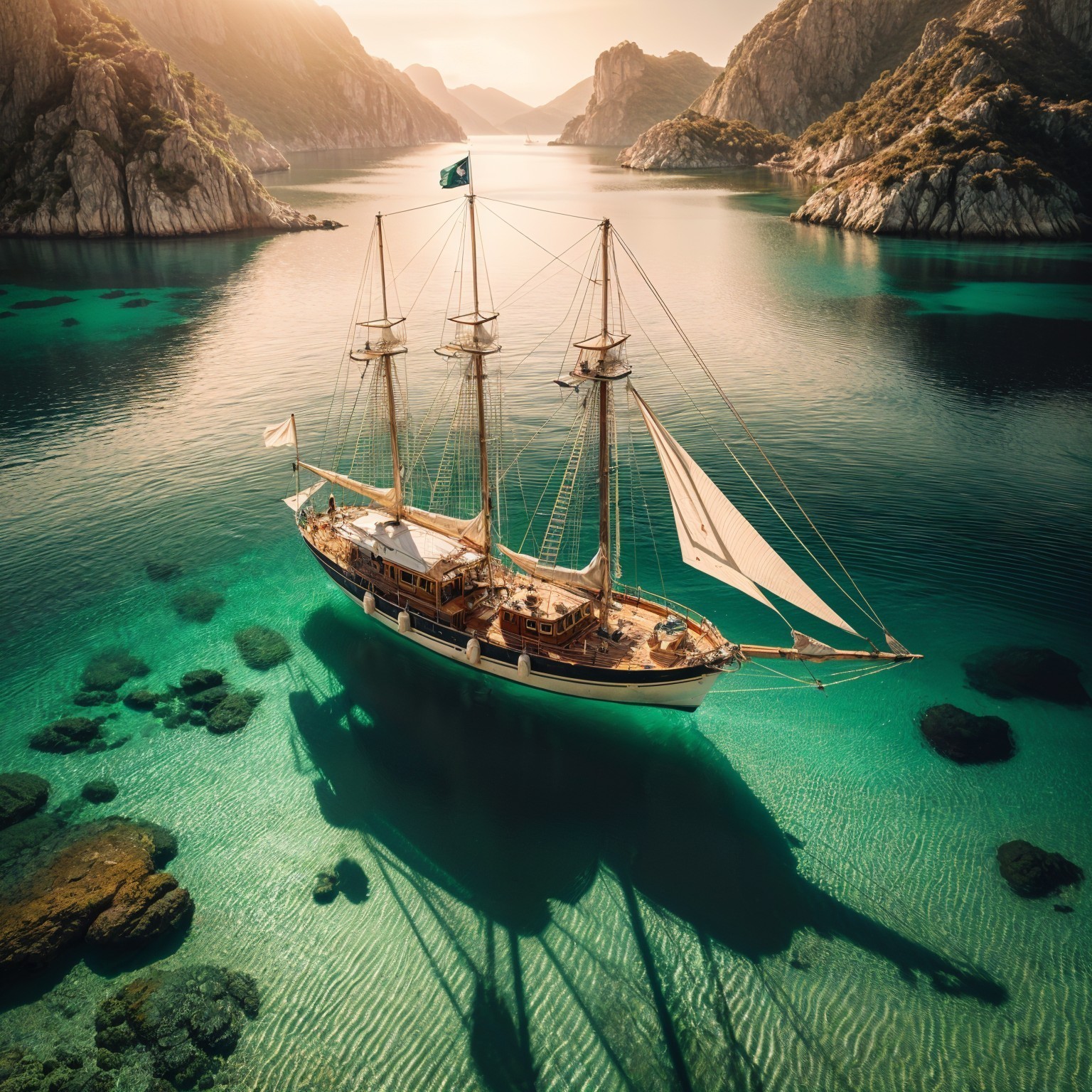 Tall Ship Sailing in Turquoise Waters and Cliffs