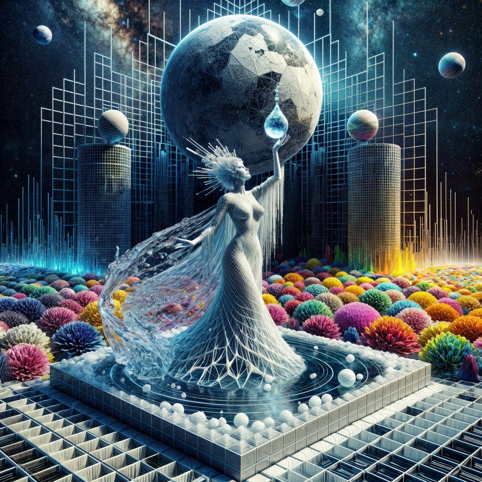 Translucent figure with glowing orb in cosmic landscape