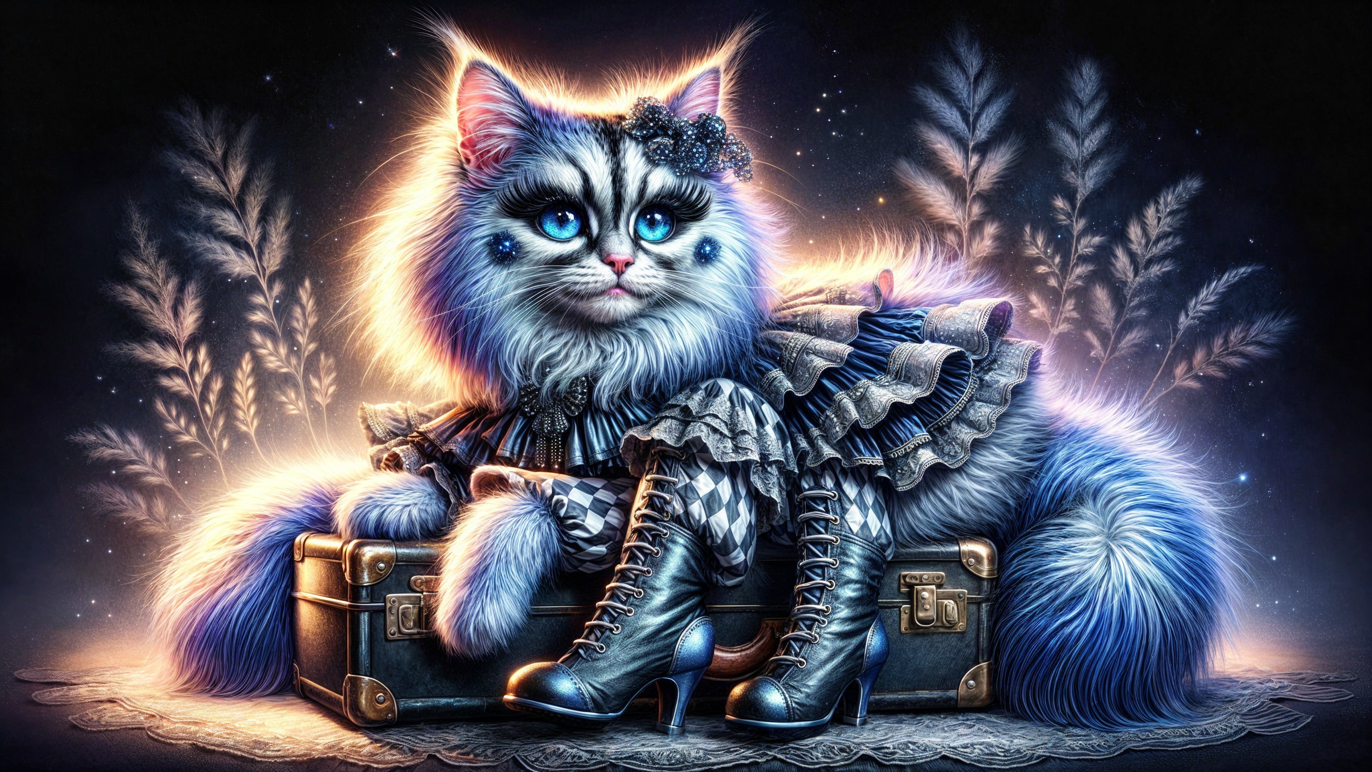 Fluffy Blue and White Cat in Stylish Outfit on Suitcase