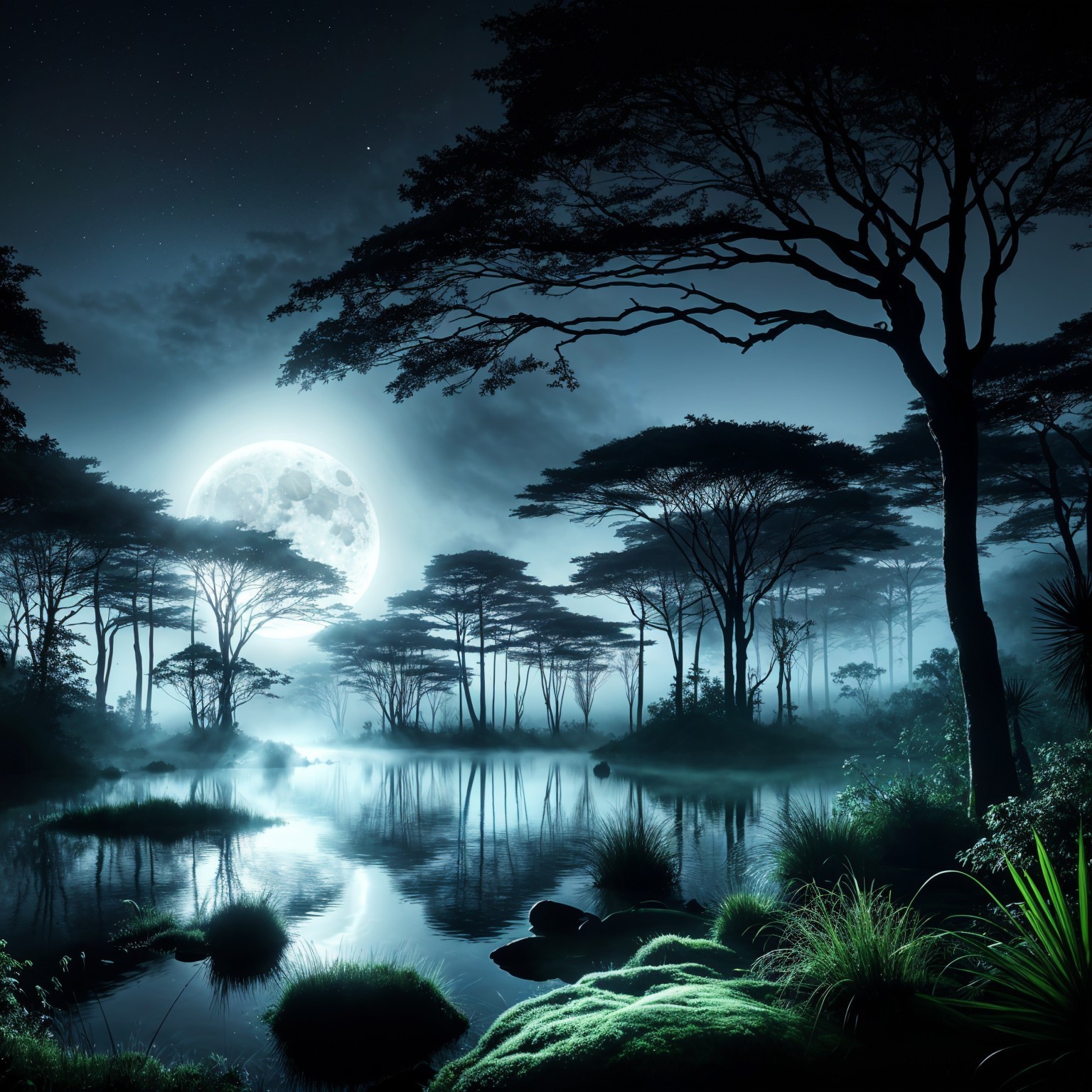Serene Night Scene by a Tranquil Lake with Moonlight