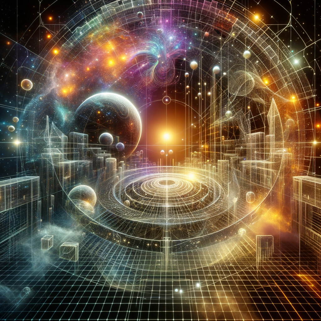 Cosmic Scene with Futuristic City and Geometric Patterns