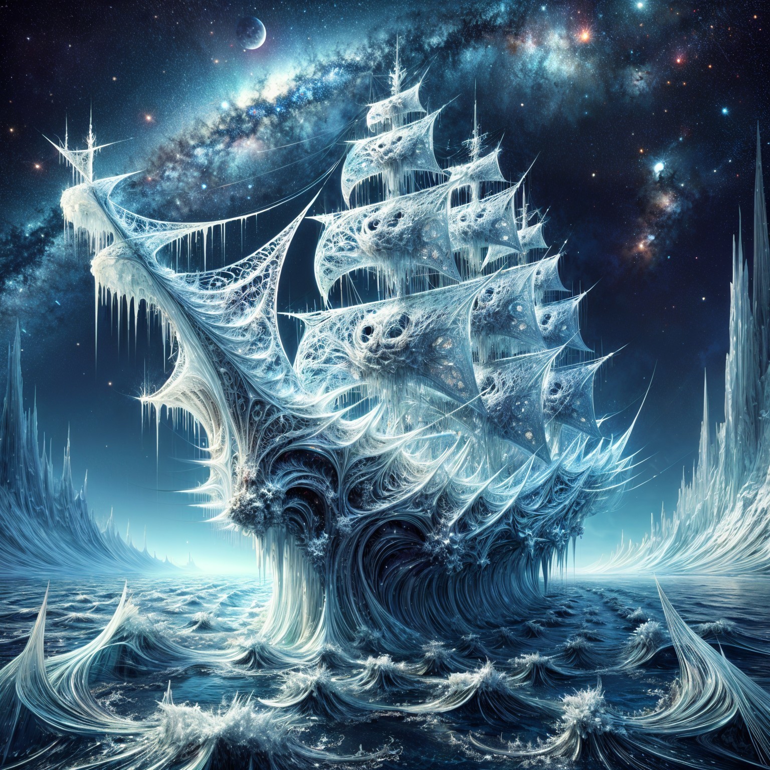 Majestic Ice Ship Sailing in a Cosmic Sea Landscape