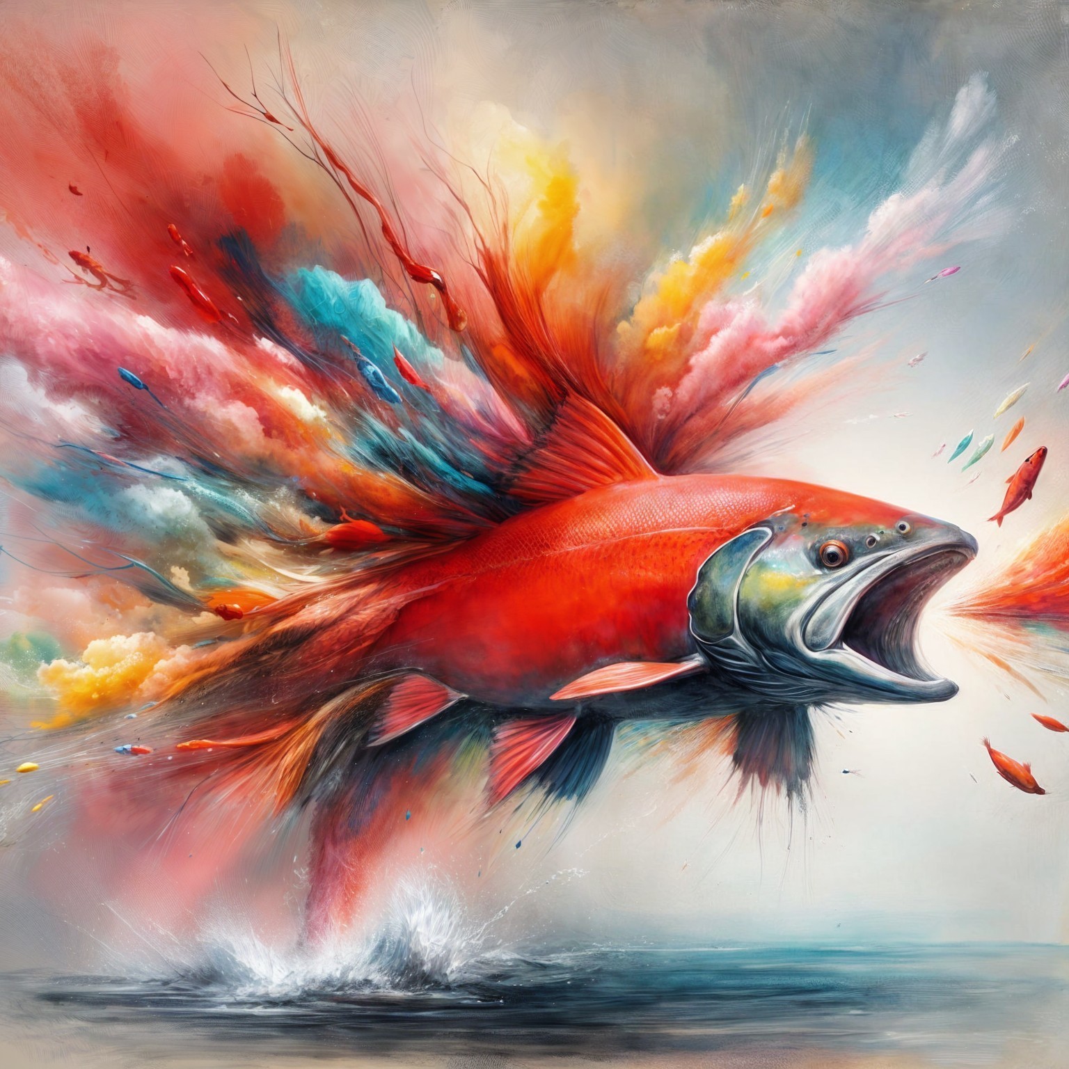 Surreal Salmon Leaping with Colorful Splash Effects
