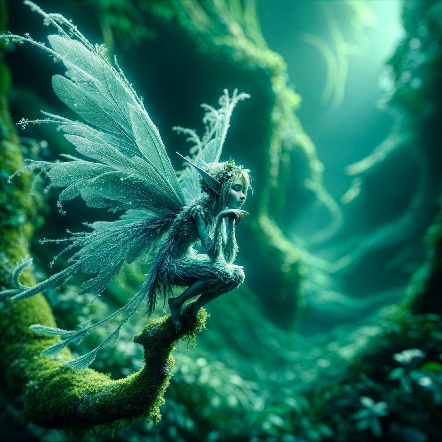 Whimsical Fairy on Mossy Branch in Enchanted Forest