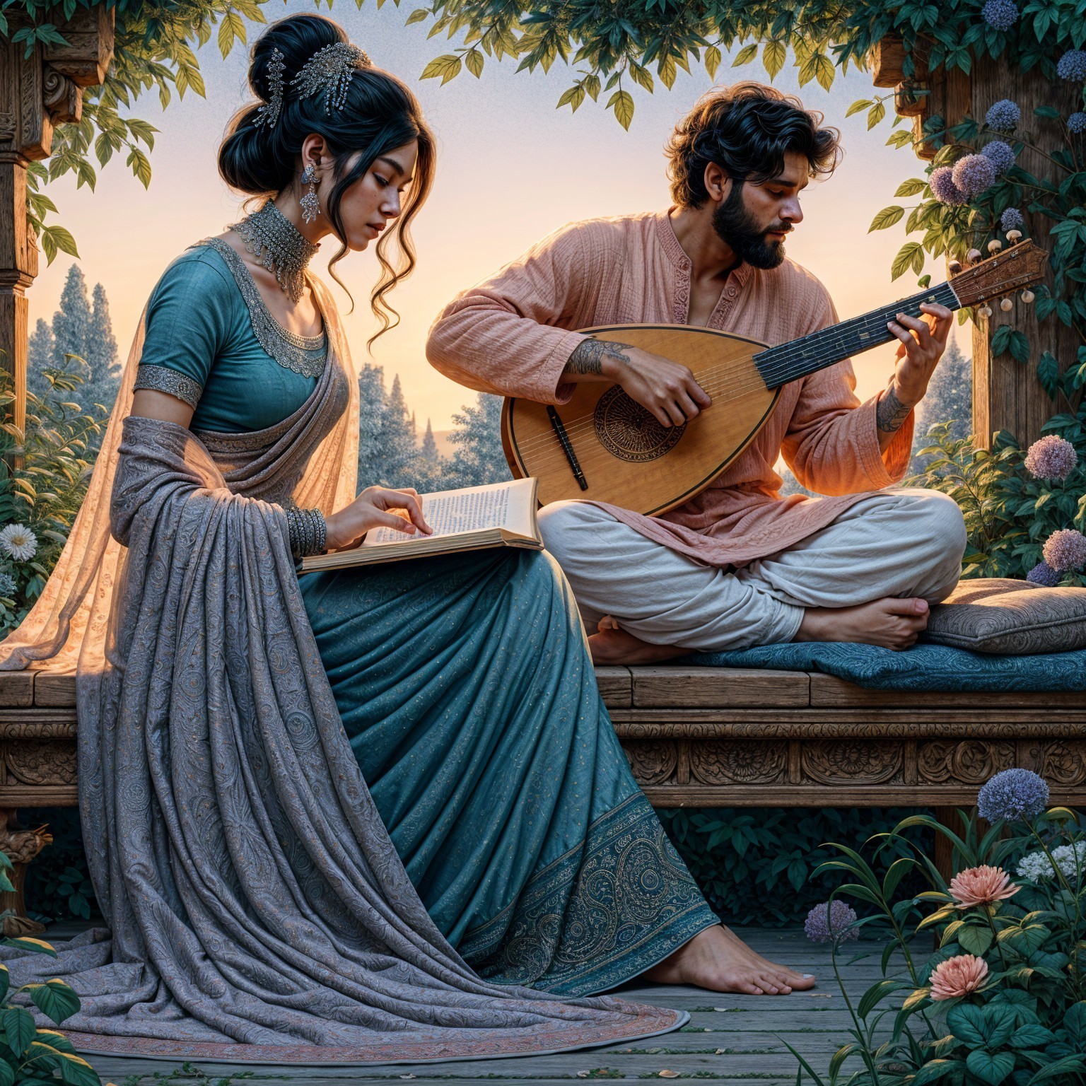 Serene garden scene with reading and music at sunset