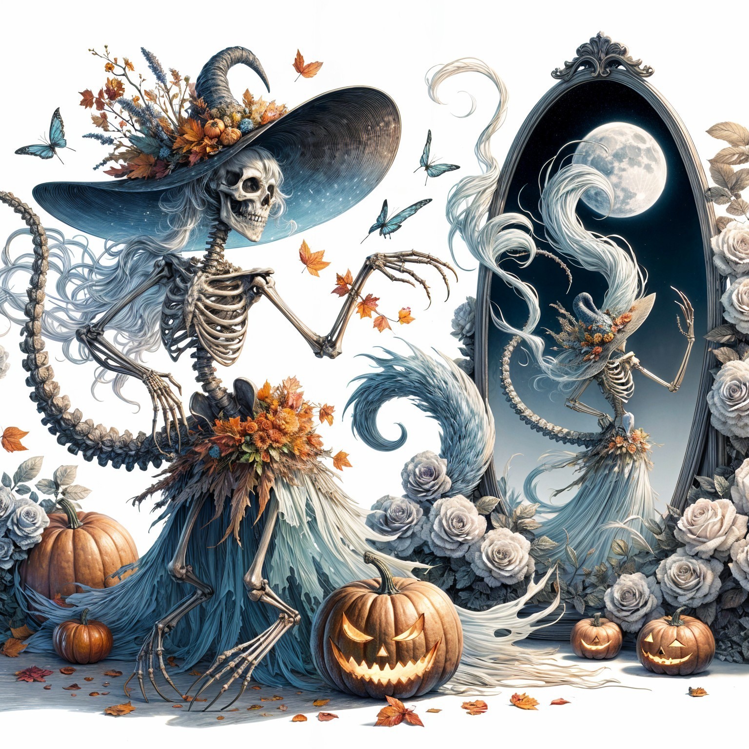 Whimsical Skeleton Witch with Autumn Flowers and Pumpkins