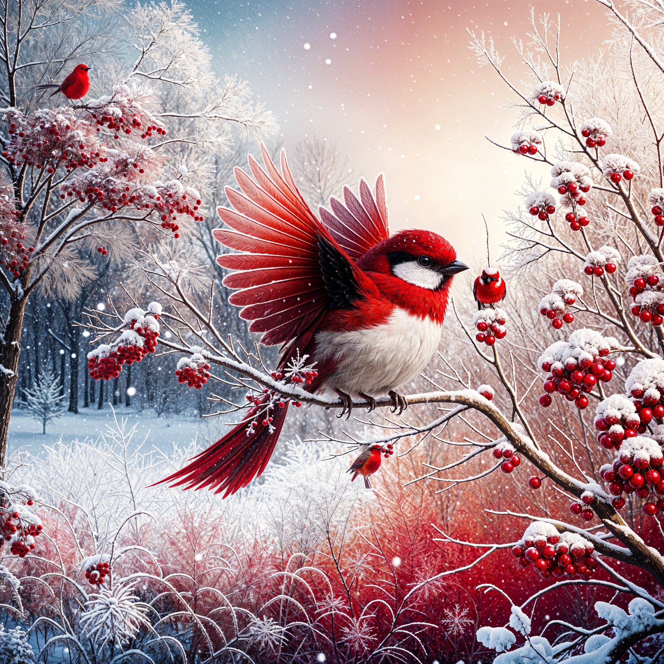 Vibrant Red Bird on Snowy Branch with Berries