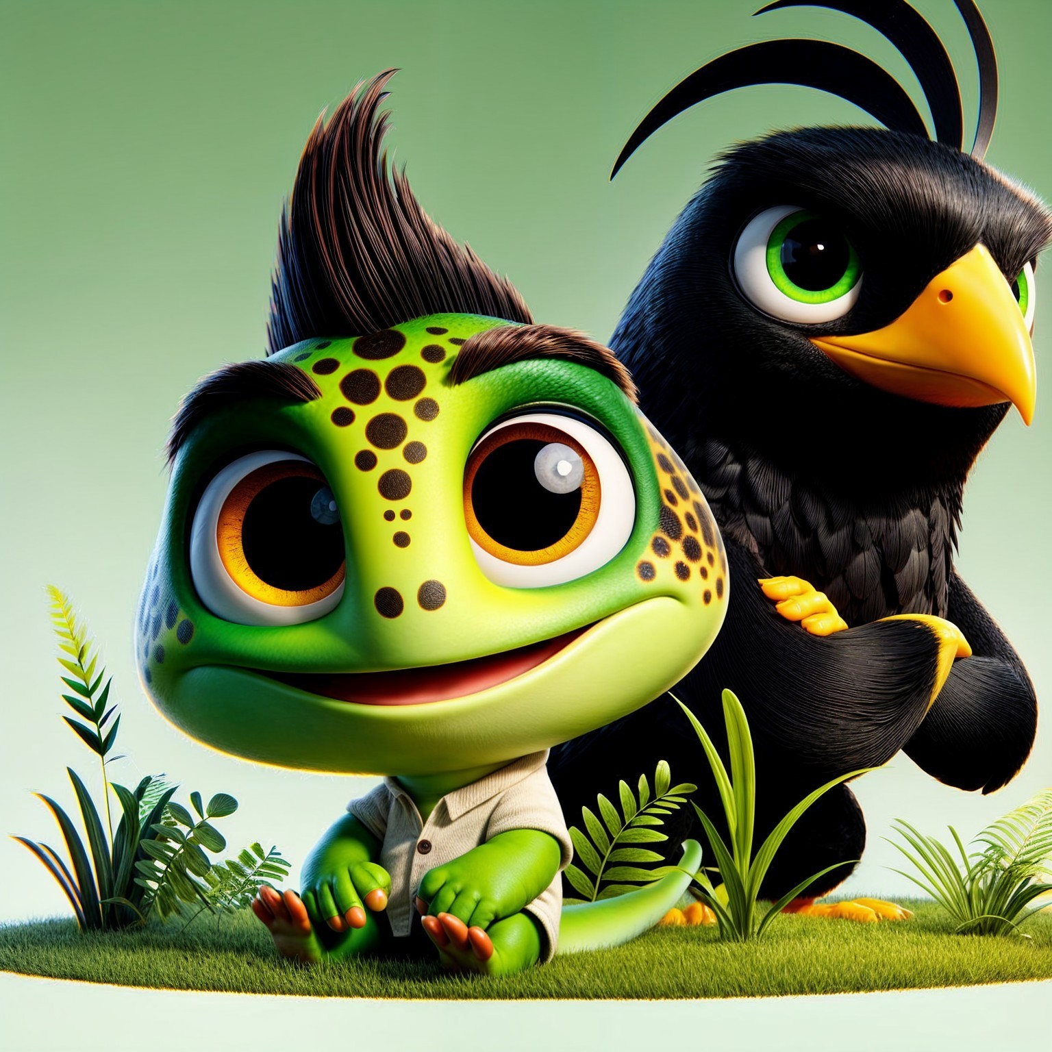 Charming Green Lizard and Black Bird Character Scene