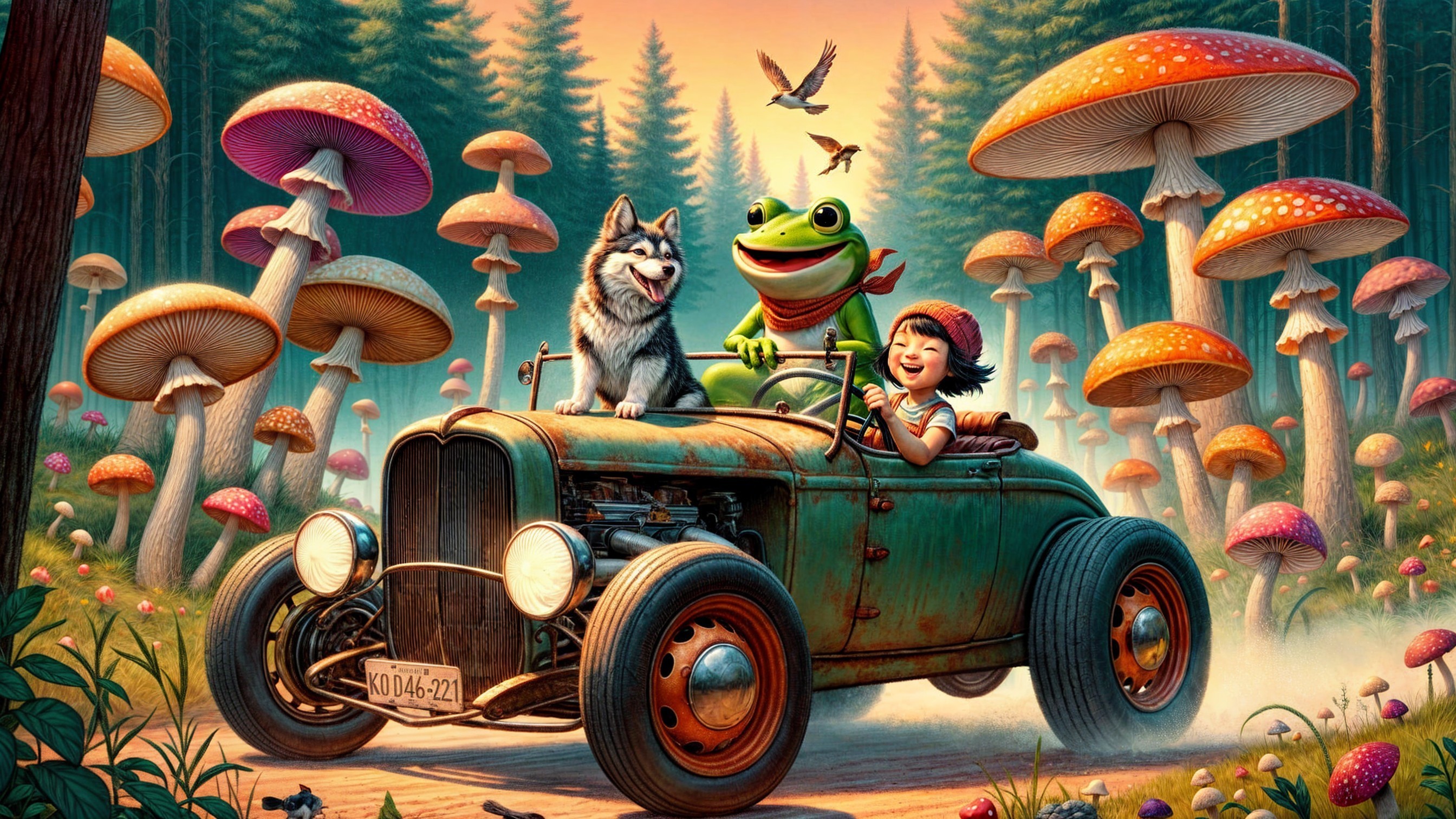 Whimsical Forest Adventure with Vintage Car and Animals