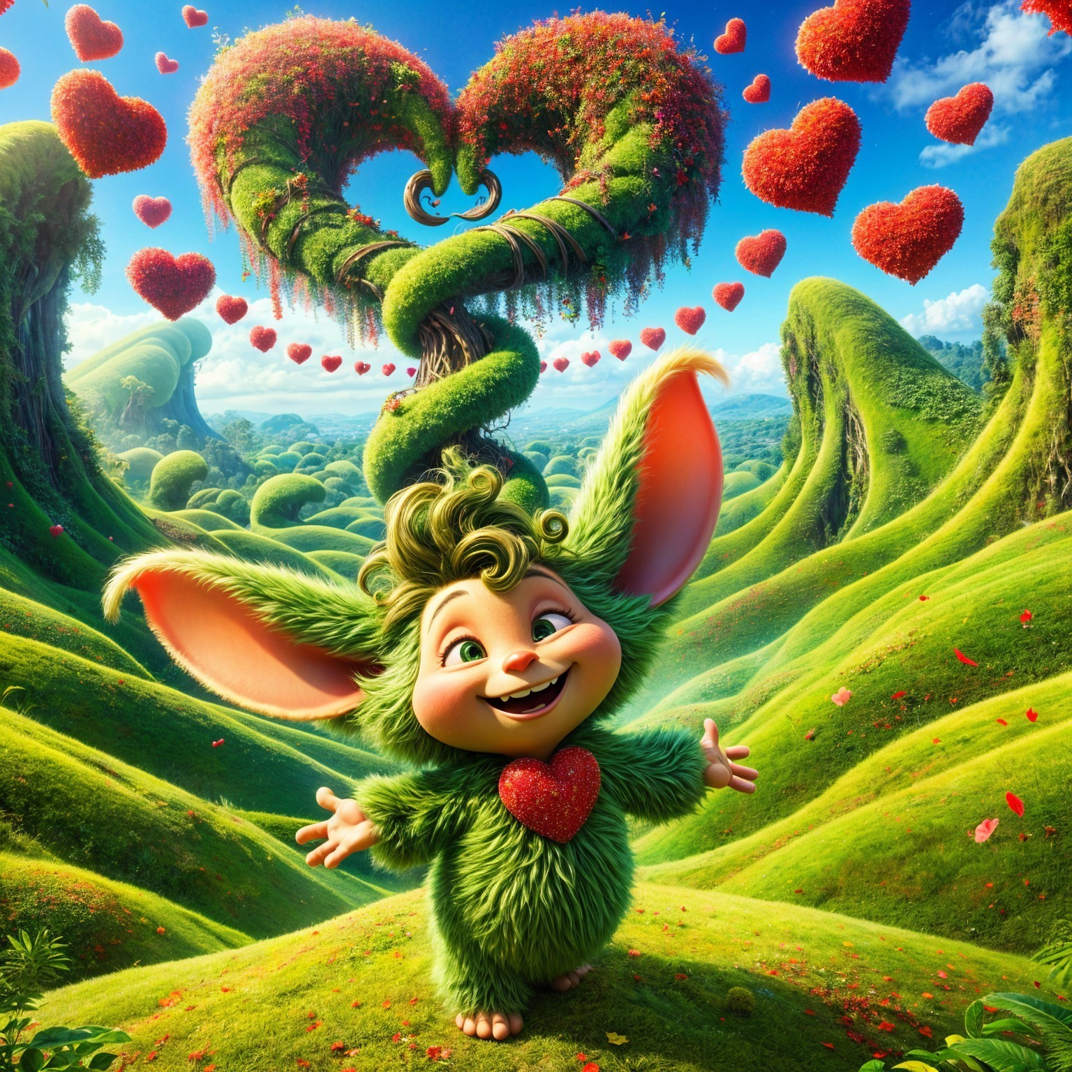 Whimsical landscape with heart-shaped tree and creature