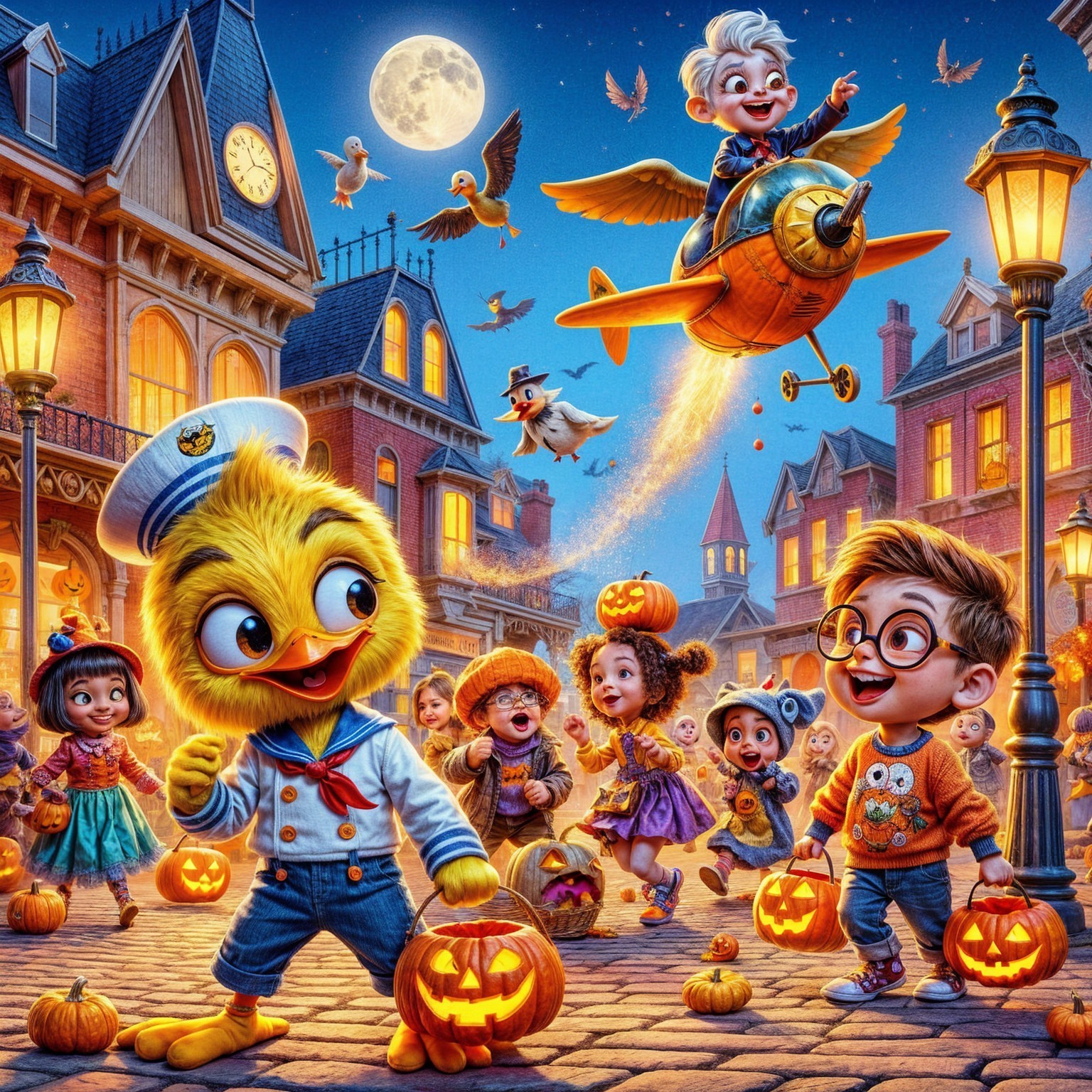 Whimsical Halloween Scene with Duck and Children