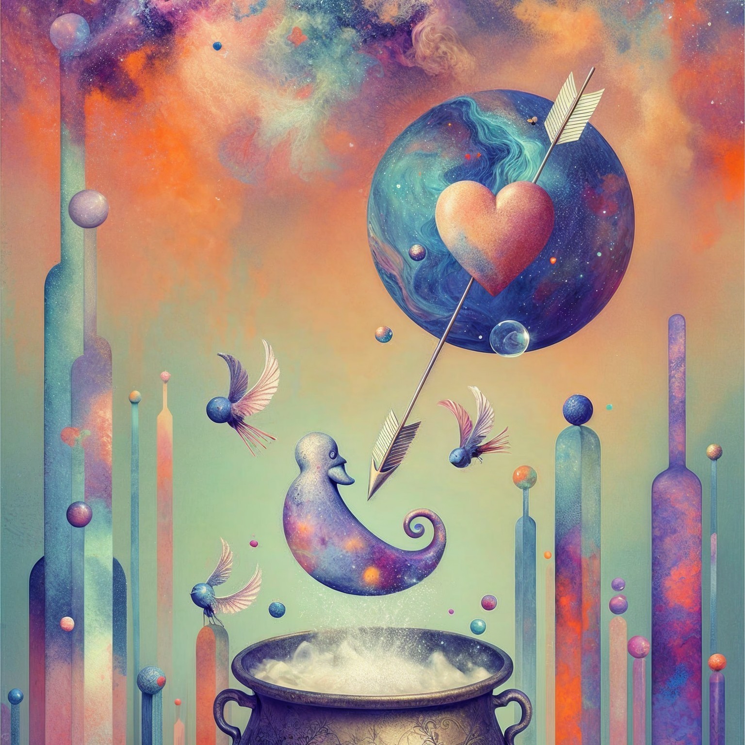 Vibrant Otherworldly Scene with Celestial Elements