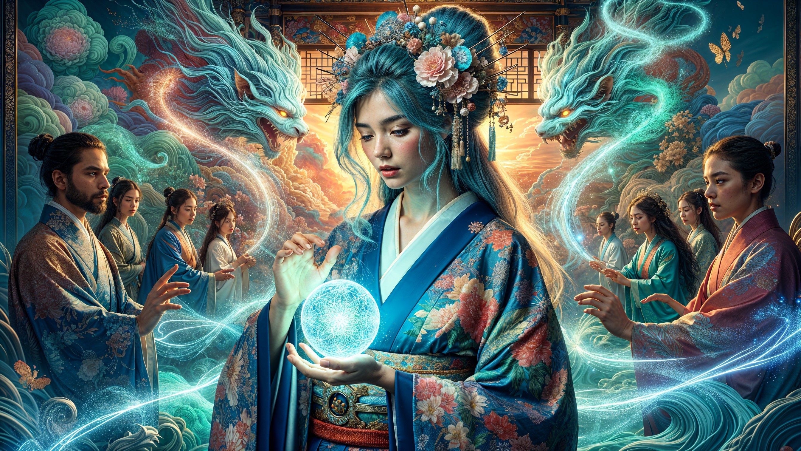 Serene Woman in Vibrant Kimono with Glowing Orb