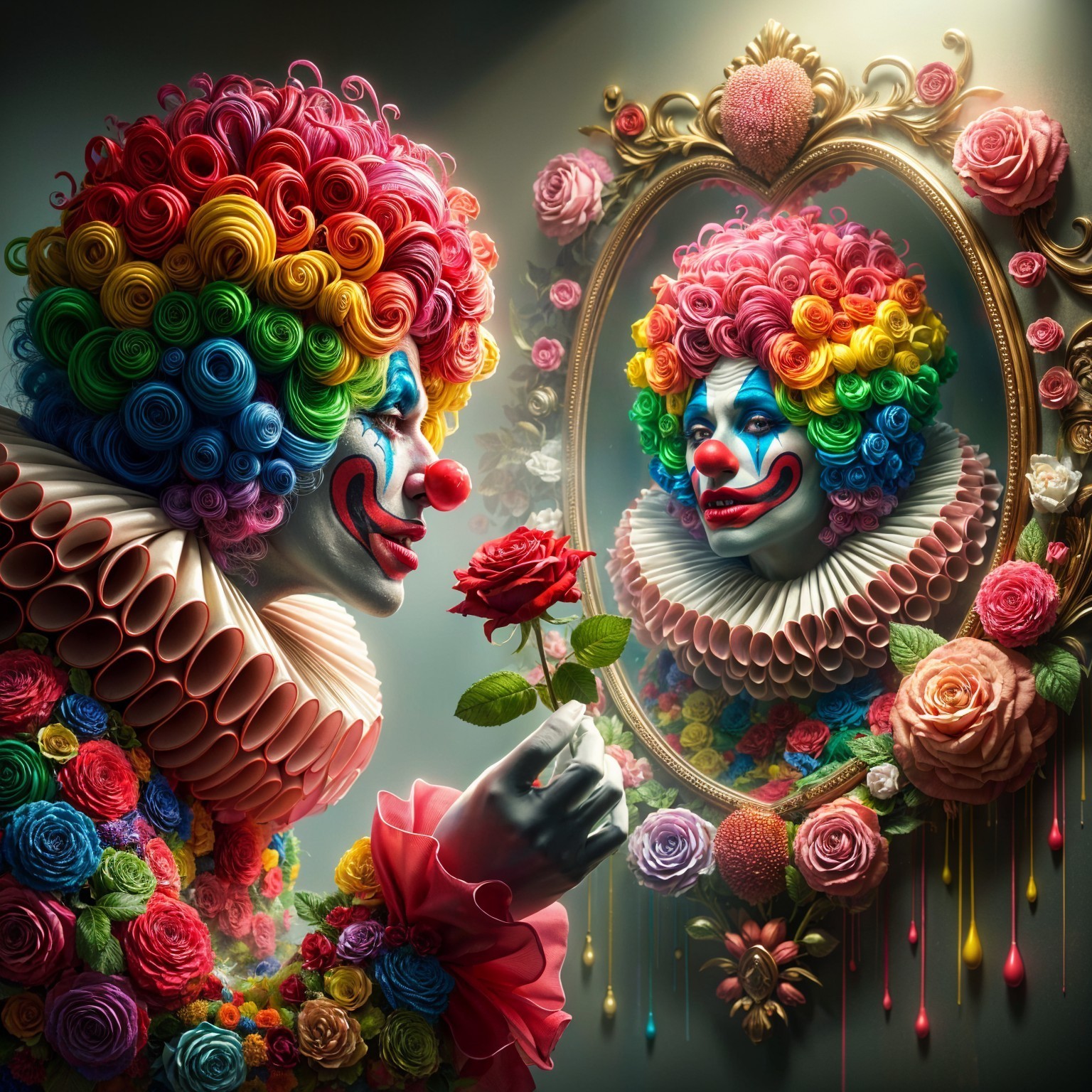 Vibrant Clown with Floral Wig and Ornate Mirror