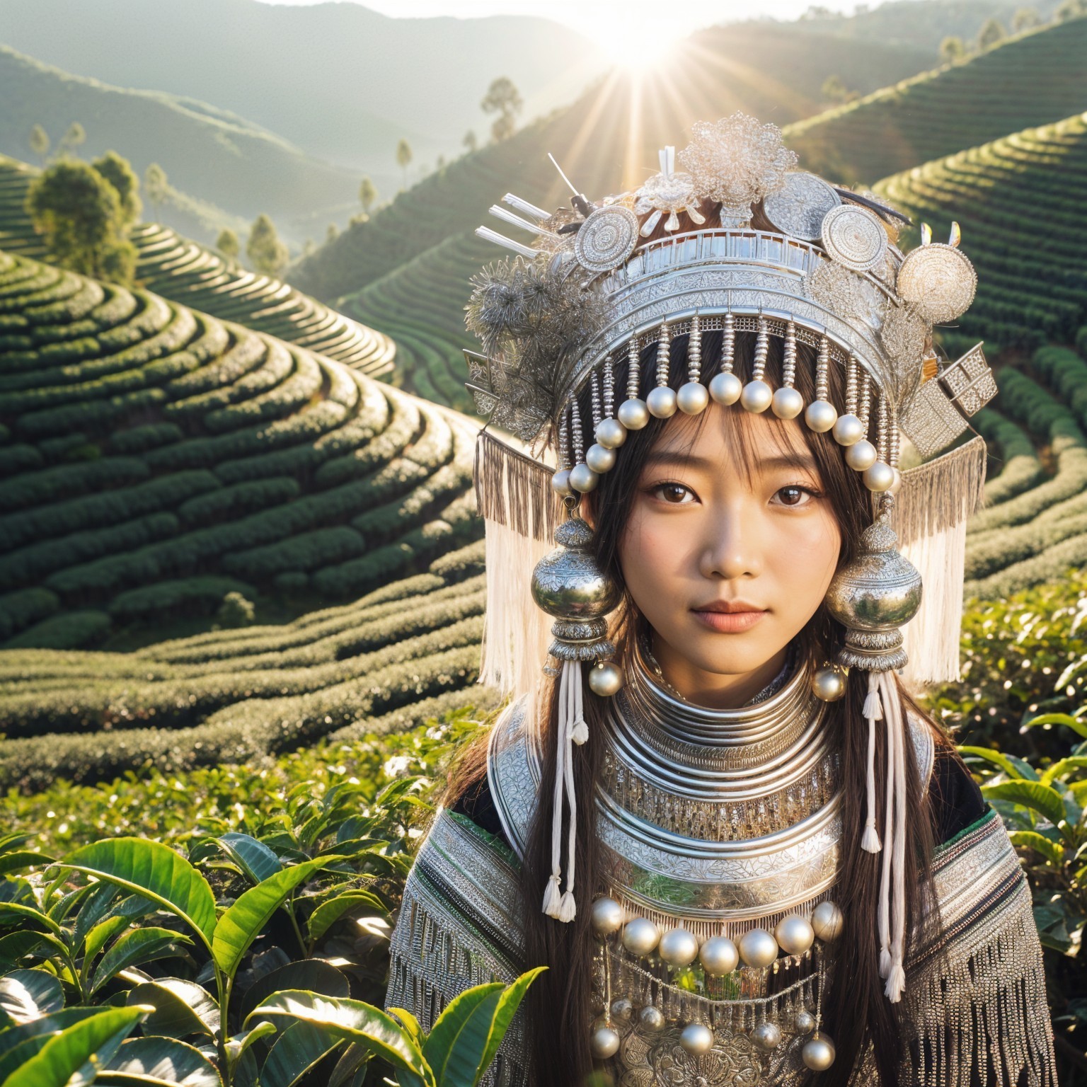 Young woman in traditional silver jewelry in tea terraces