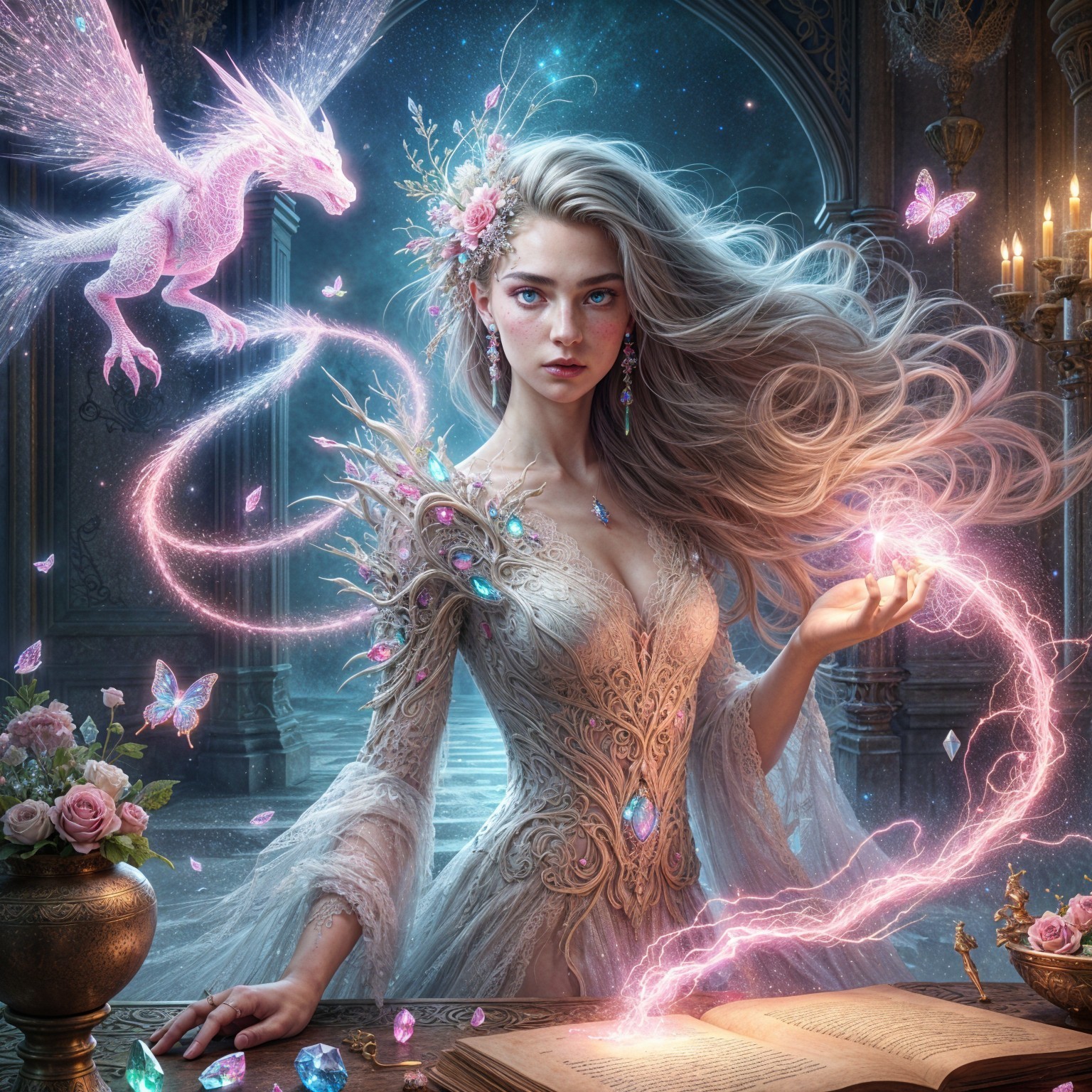 Ethereal Woman in Mystical Chamber with Glowing Elements