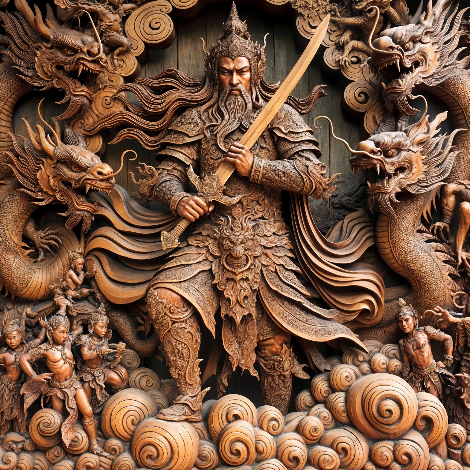 Wooden Carving of Warrior with Dragons and Clouds
