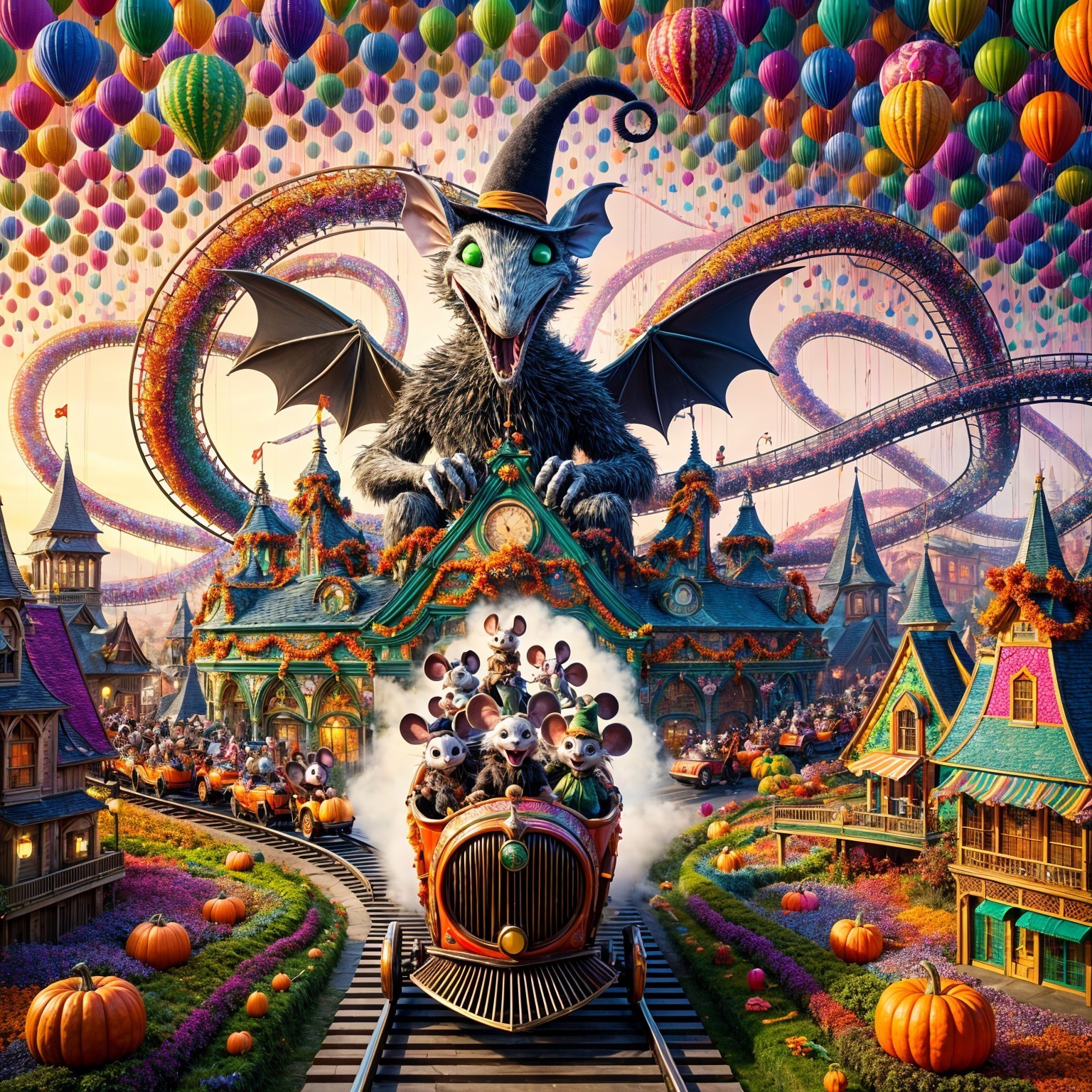 Fantasy Amusement Park with Colorful Balloons and Creatures