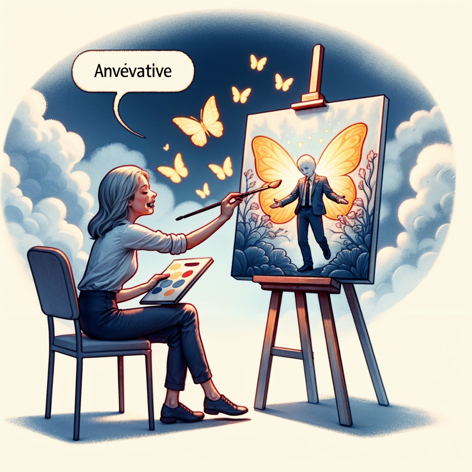 Woman Painting Whimsical Scene with Butterflies