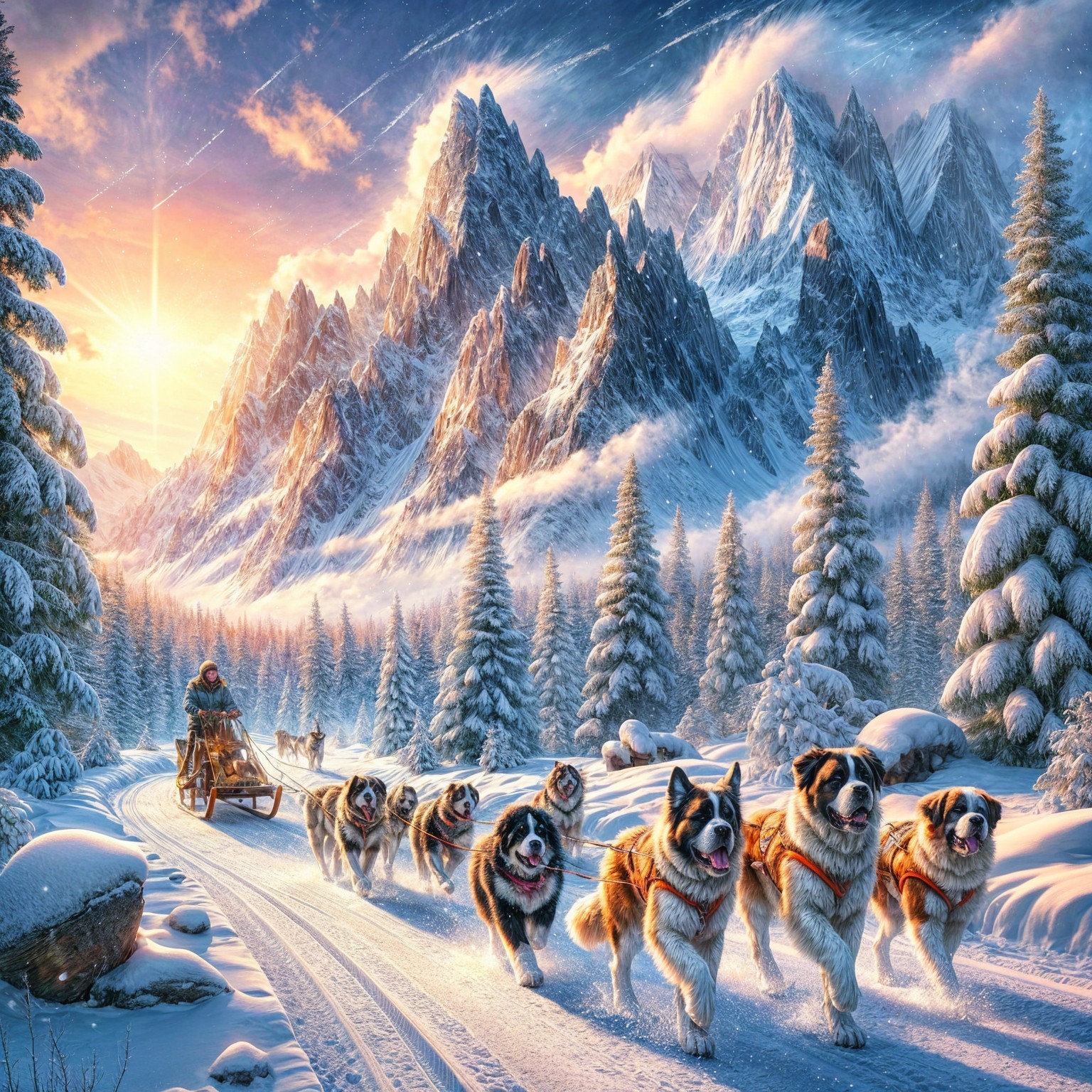 Winter Dog Sled Team Racing Through Snowy Landscape