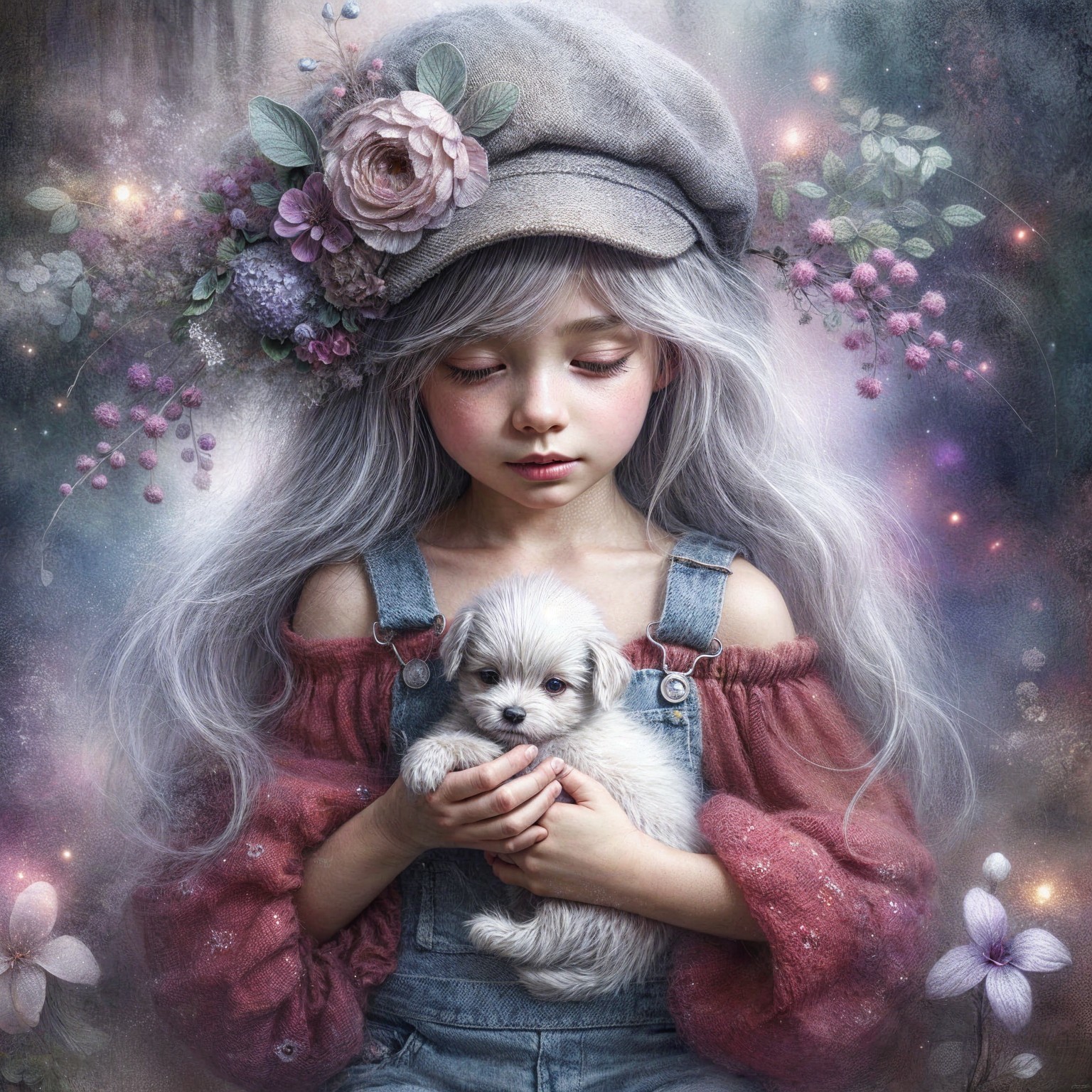 Girl with Silver Hair Holding a Puppy in Whimsical Setting