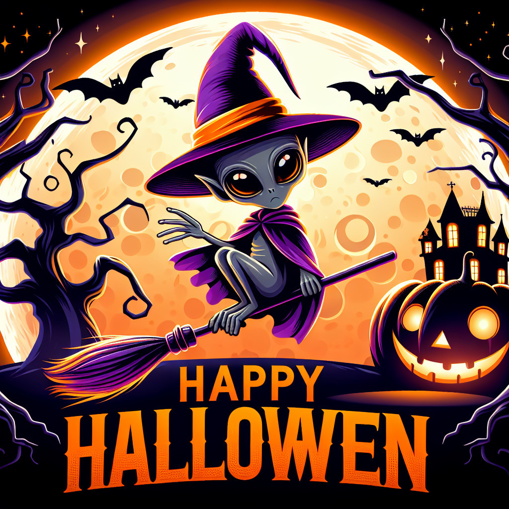 Cartoon Alien Witch in Whimsical Halloween Scene