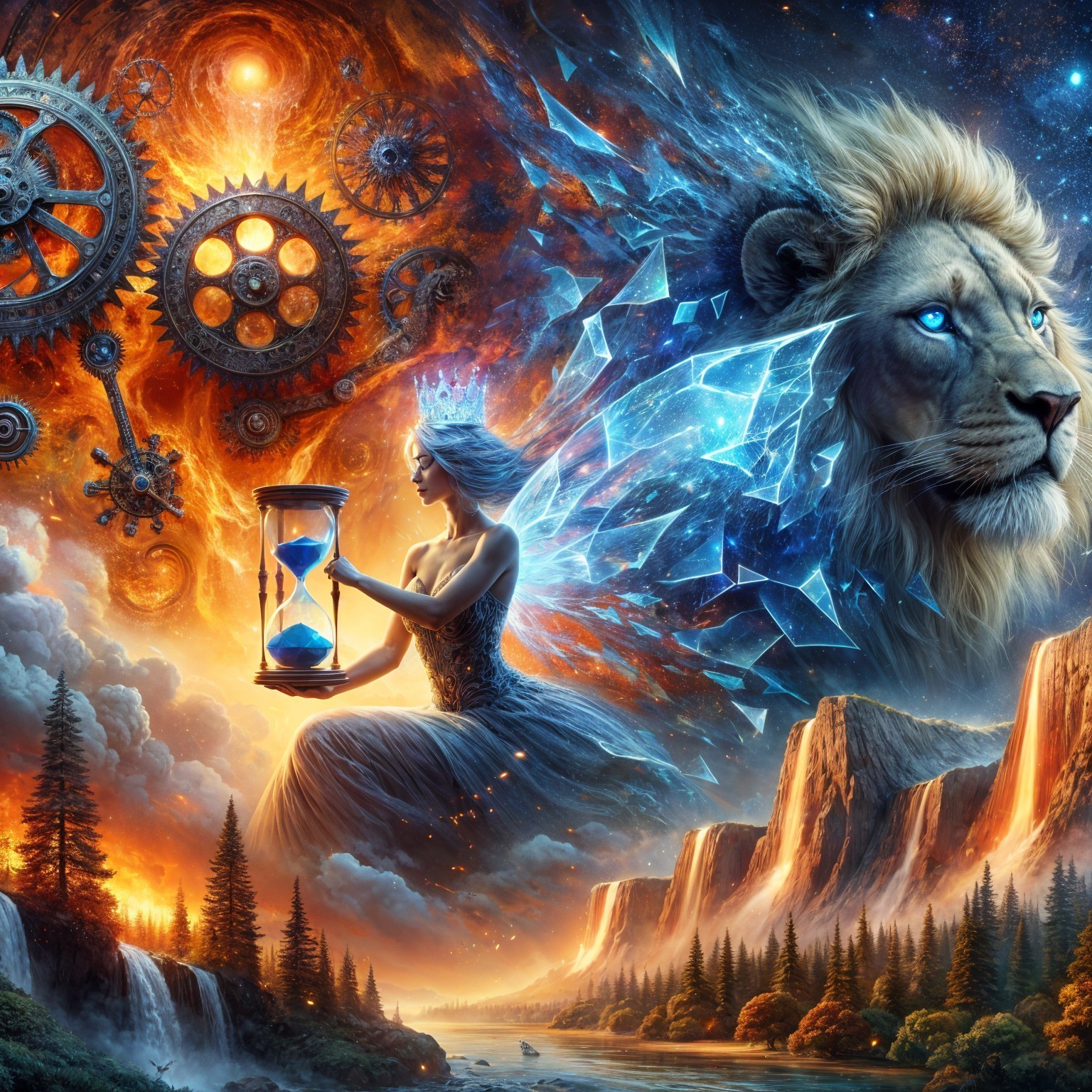 Mystical Scene of Regal Woman and Cosmic Elements