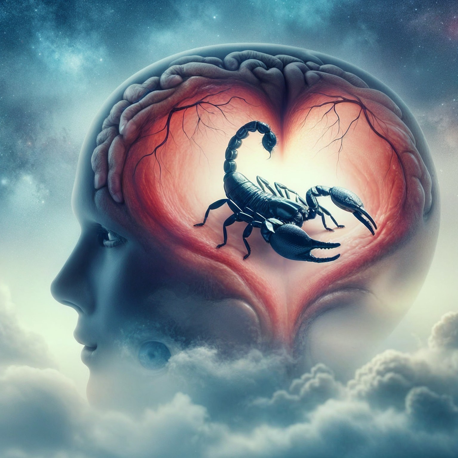 Surreal Human Head Silhouette with Cosmic Elements