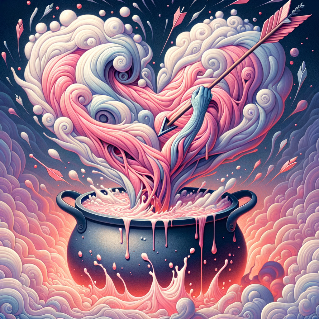 Whimsical Black Cauldron with Heart-Shaped Clouds