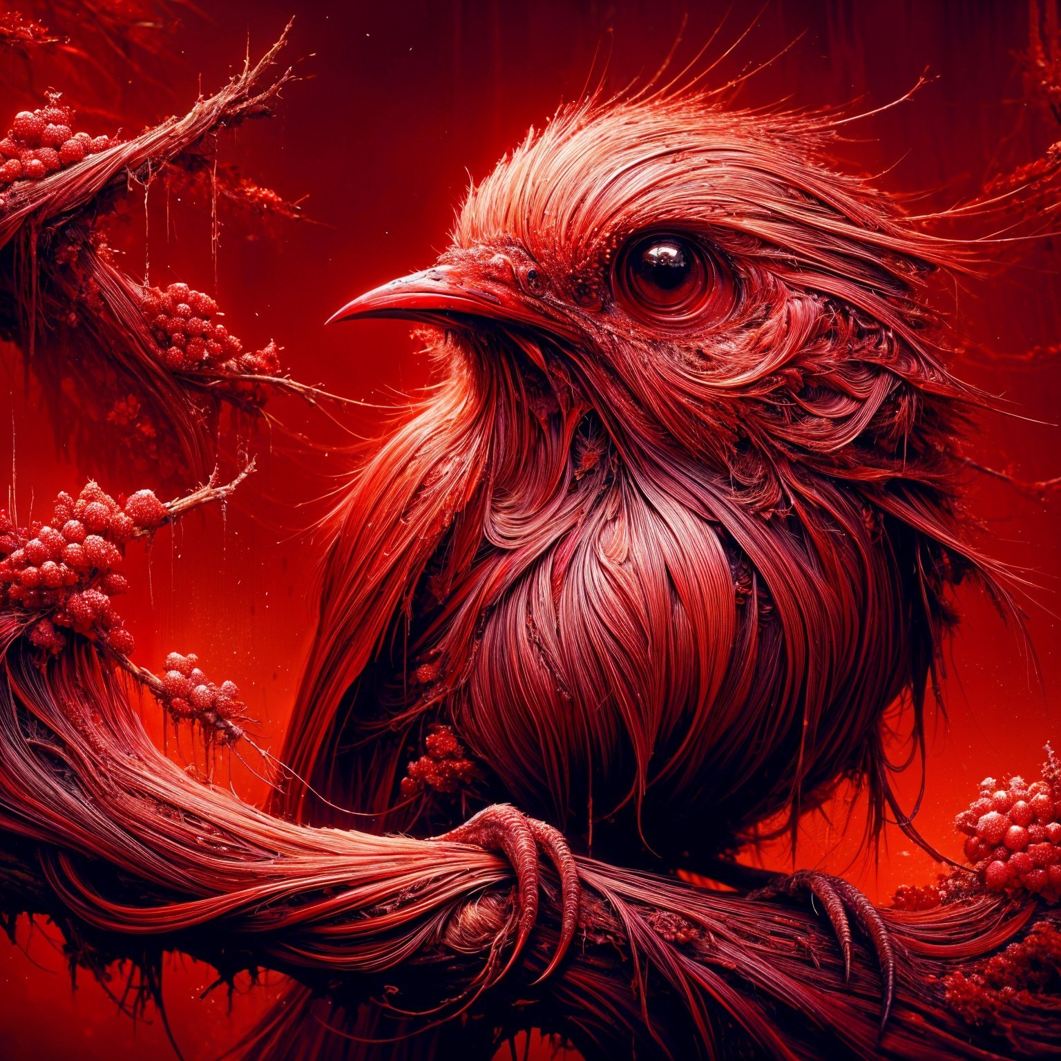 Surreal Bird with Red Fibers on Twisted Branch