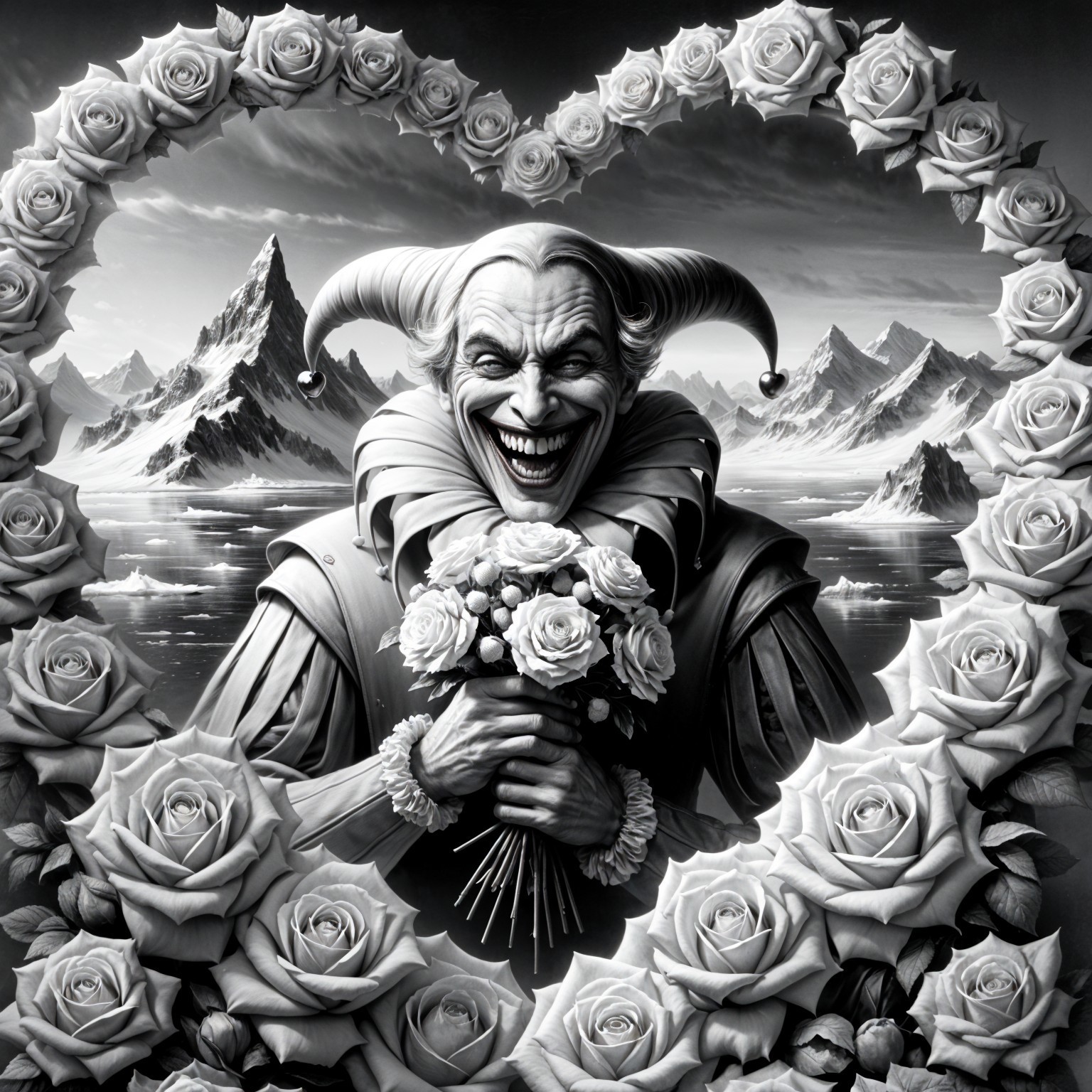 Jester with Roses in Heart Shape Against Scenic Background
