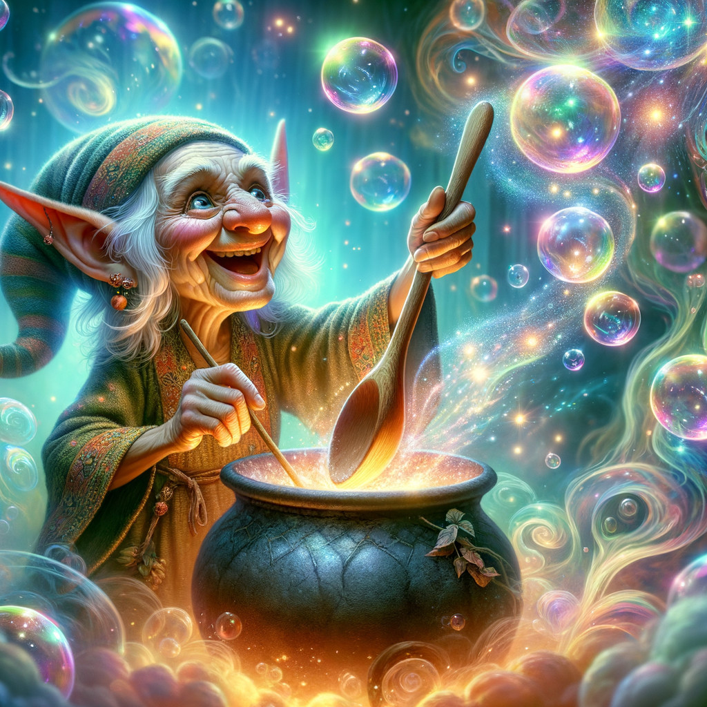 Elderly Elf Stirring Magical Cauldron in Vibrant Setting